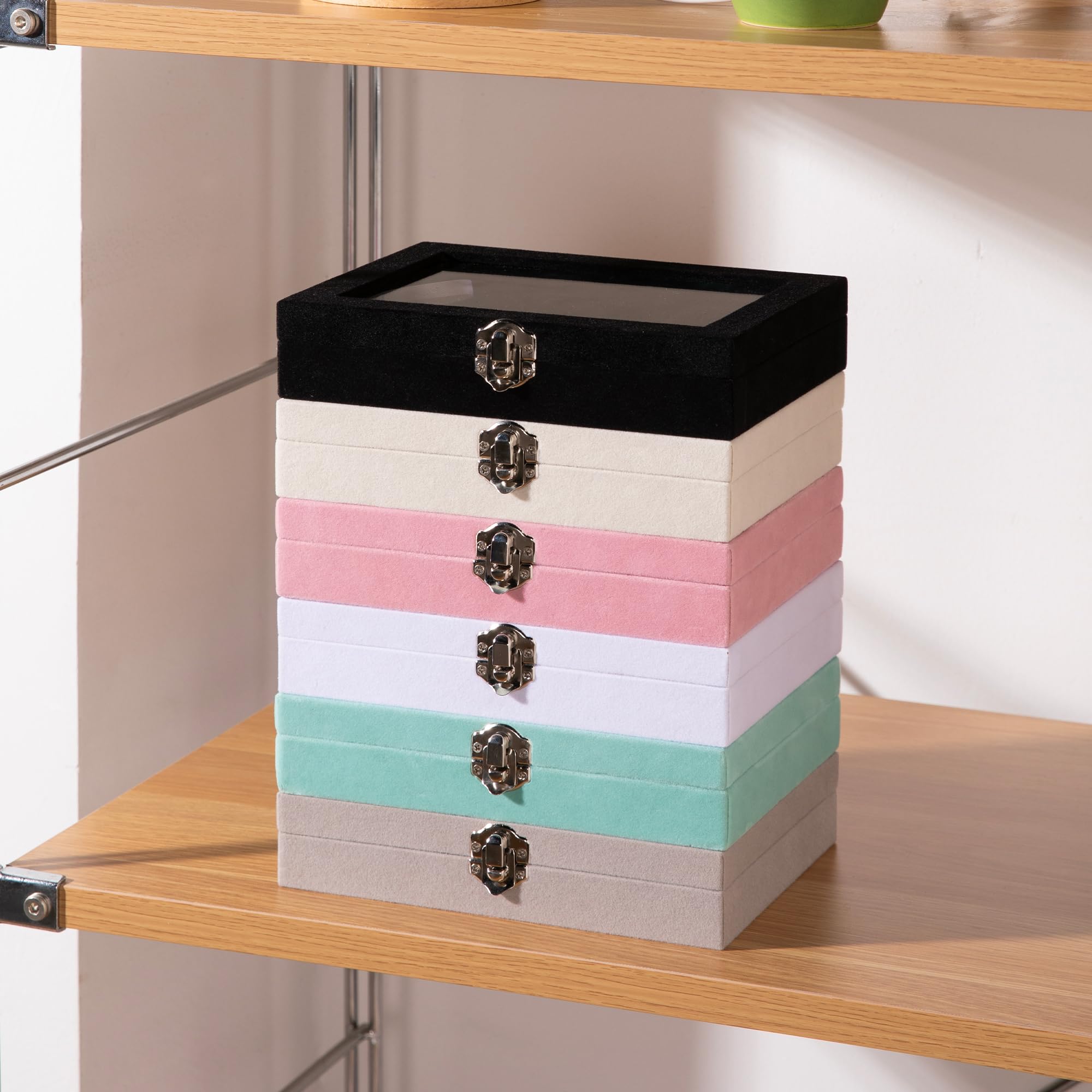 Frebeauty 24-Slot Velvet Jewelry Organizer Tray with Clear Lockable Lid - Earring, Ring, and Stud Holder for Women & Girls (Beige) | Perfect for Travel, Vanity, and Gift Giving