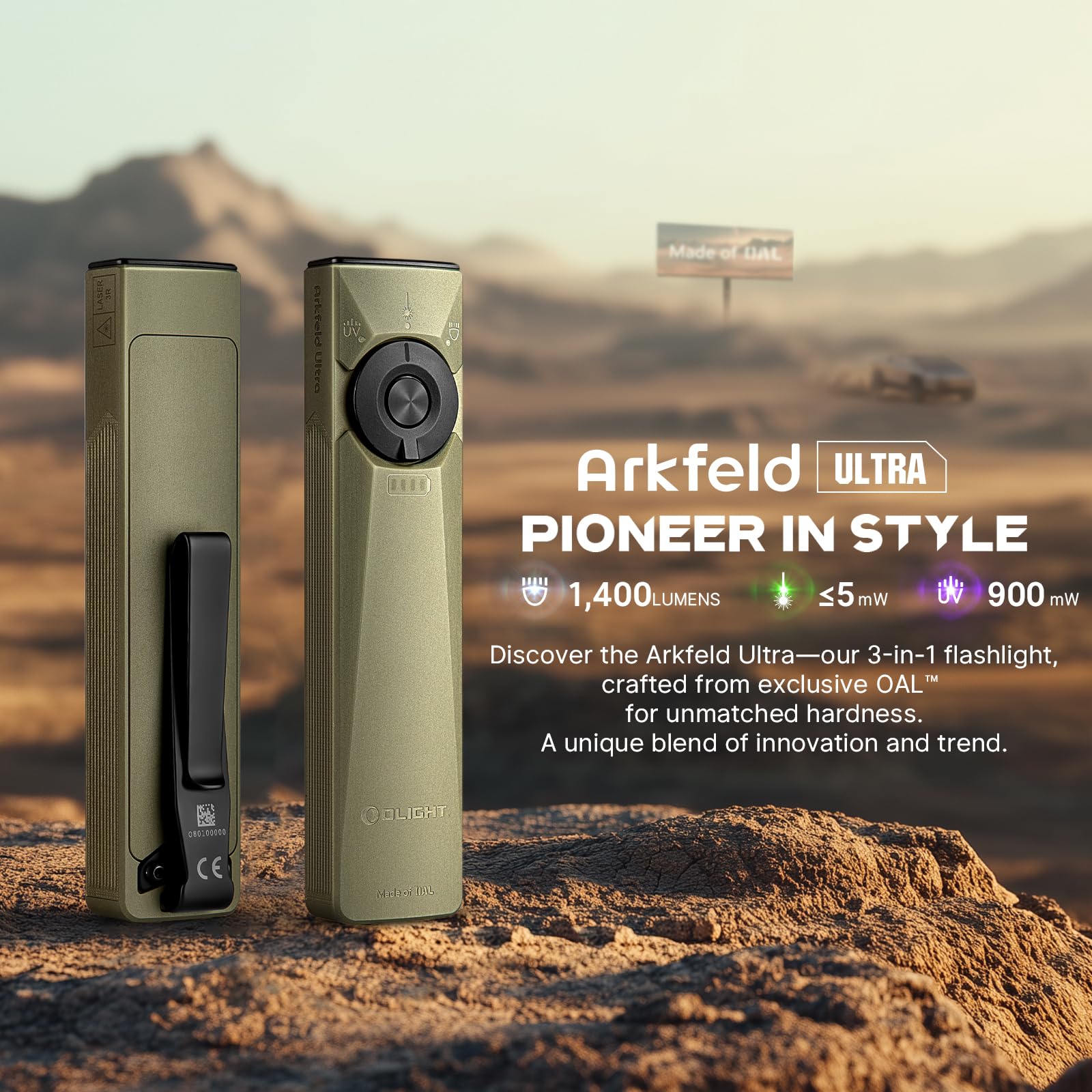 Olight Arkfeld Ultra 1400 Lumens Rechargeable EDC Flashlight with White LED, UV & Green Beam - Compact Pocket Light for Everyday Carry, Outdoor Adventures, Home Inspection & Emergency Use (Olive Green)