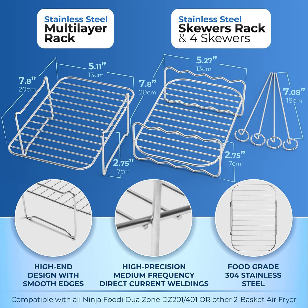 2Pcs 304 Stainless Steel Air Fryer Racks for Double Basket Air Fryers - Oven Safe Cooking Grilling Rack Accessories for Baking, Roasting & Microwaving | Perfect for Chicken Wings, Vegetables & Family Meals