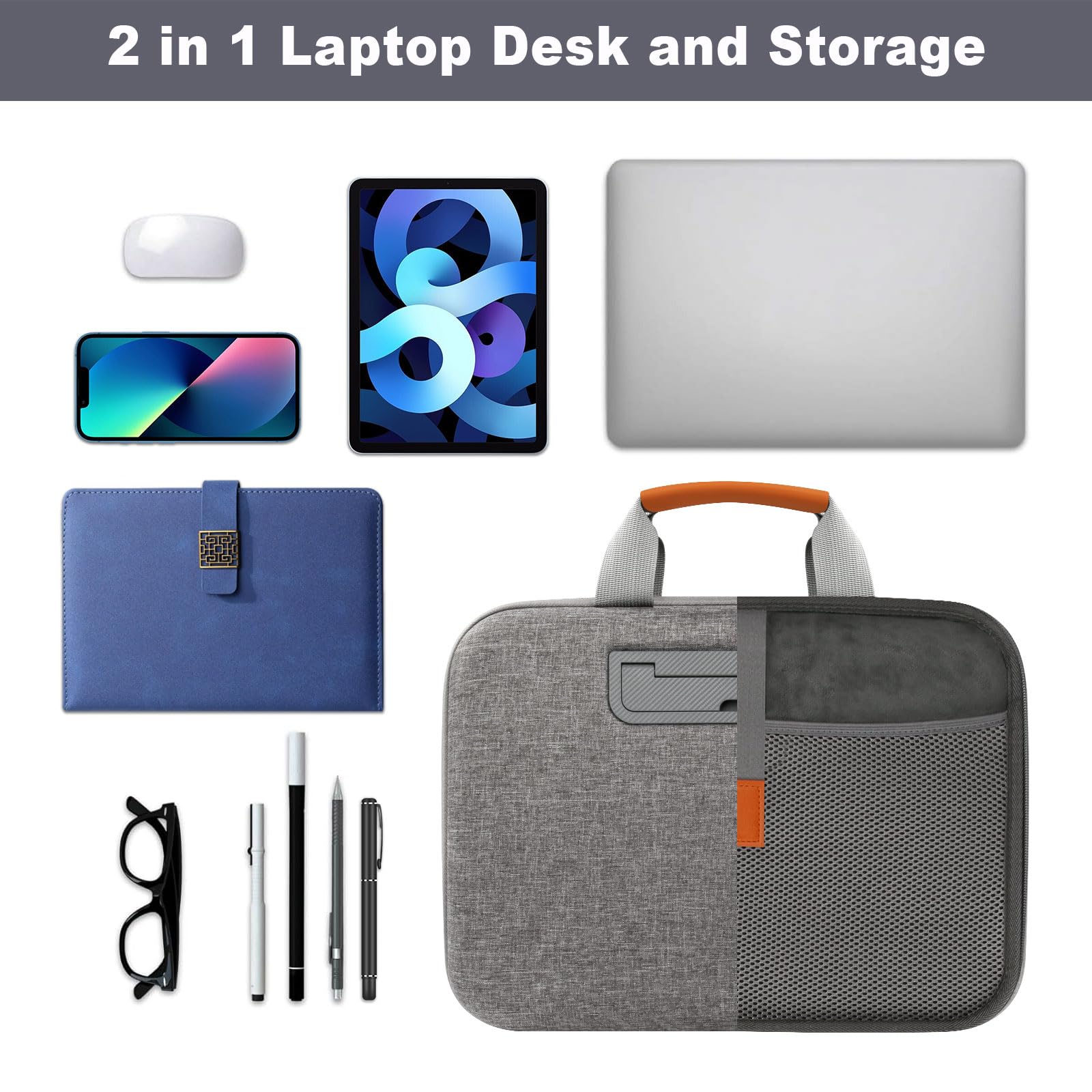 Portable Lap Desk for Laptop with Storage - Adjustable Laptop Stand for 15.6 Inch Notebooks, Book Holder for Reading - Perfect for Home Office, Study & Bed Use (Grey)
