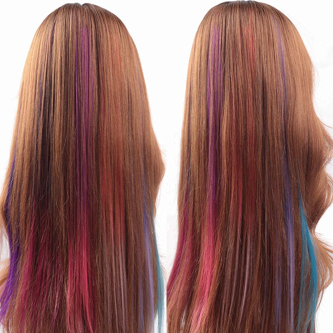 HEAVEN® 2-Piece Synthetic Straight Hair Extensions with Colored Streaks - Wine & Pink Highlights for Women & Girls | Perfect for Parties, Cosplay, and Daily Styling