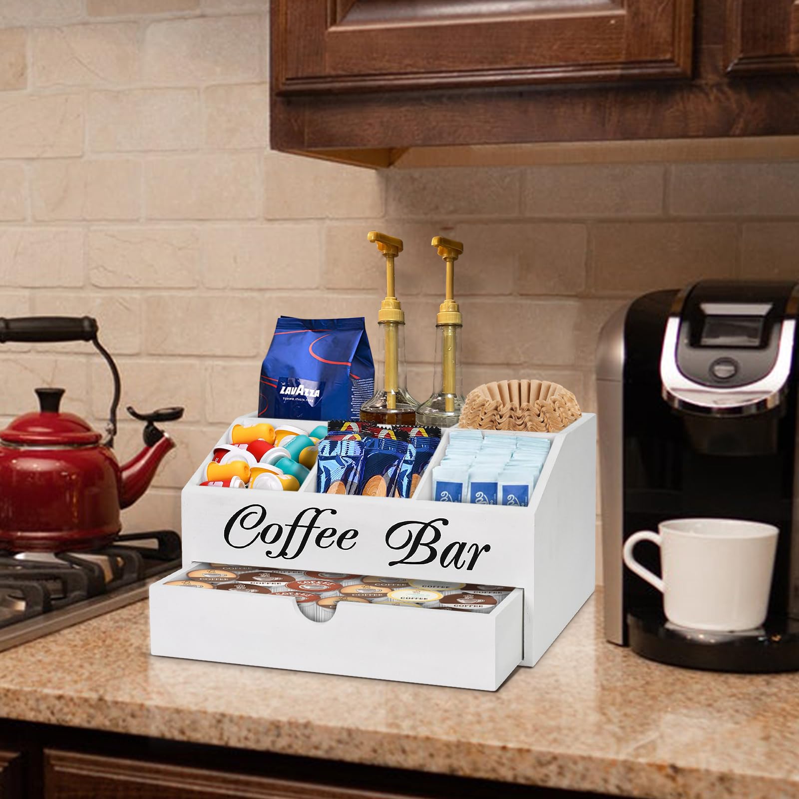 Wooden Coffee Bar Organizer with Drawer - Countertop Storage Basket for Coffee Pods, Tea & Condiments - Farmhouse Style Station Accessories | Perfect for Kitchen, Office & Home Decor