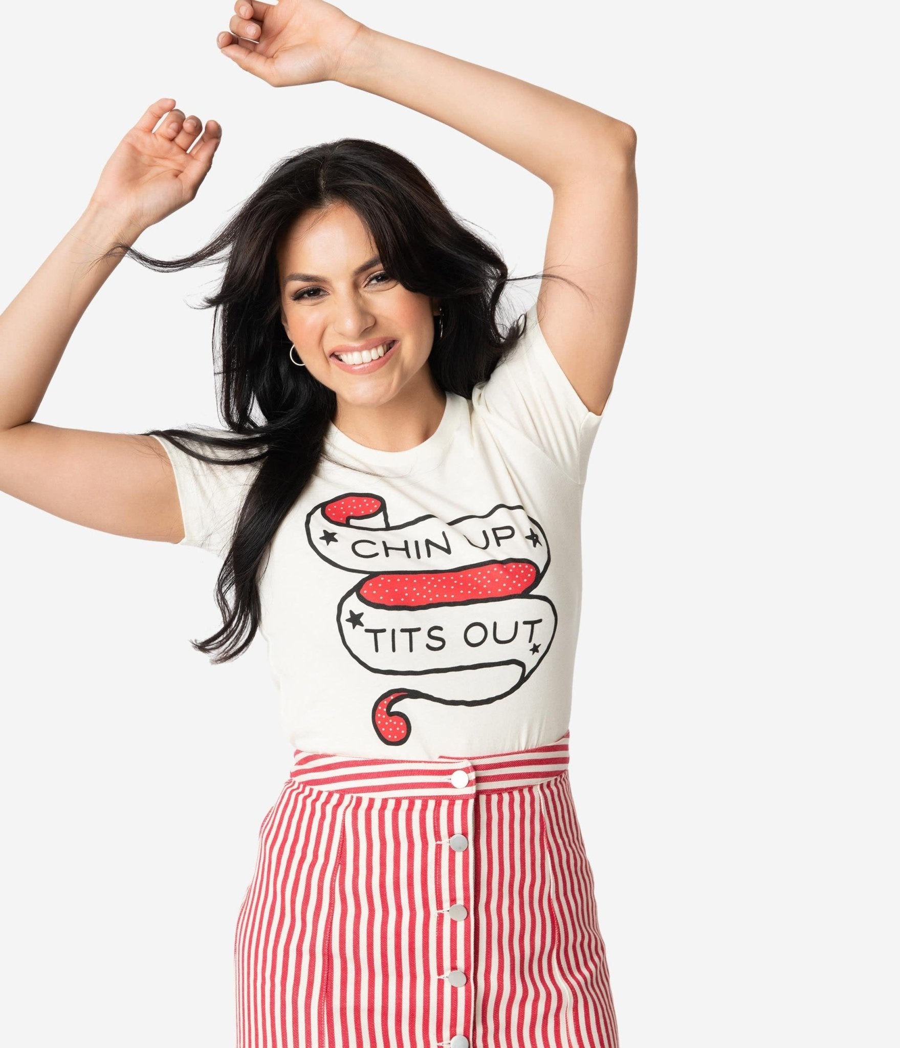 Vintage Cream Women's Tee - Funny Chin Up Tits Out Graphic T-Shirt | Retro Style Cotton Top for Casual Wear & Girls Night Out