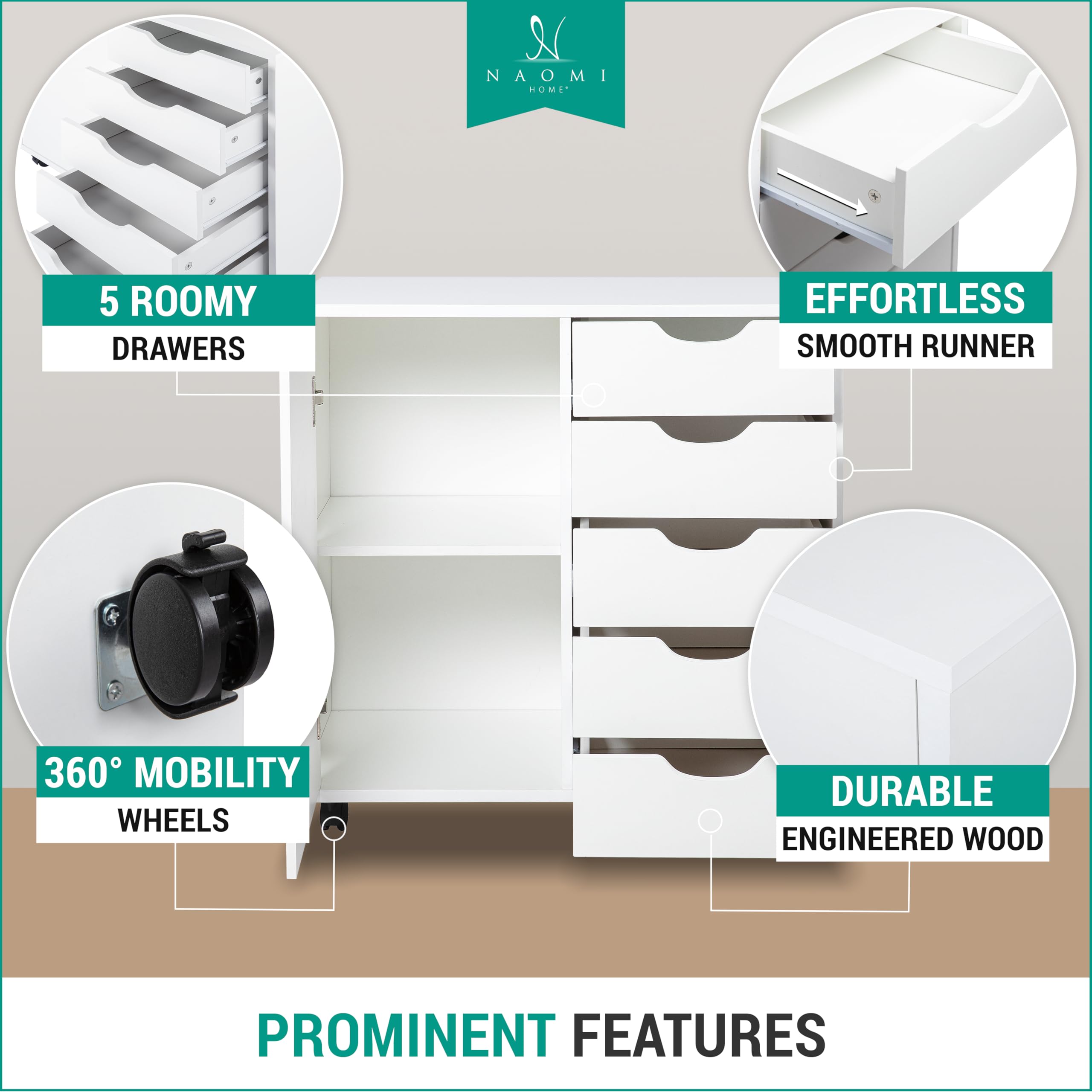 Naomi Home 5-Drawer Tall Dresser with Wheels & Storage Shelves - White, 180 lbs Capacity - Perfect for Bedroom, Closet & Makeup Organization - Modern Space-Saving Storage Solution