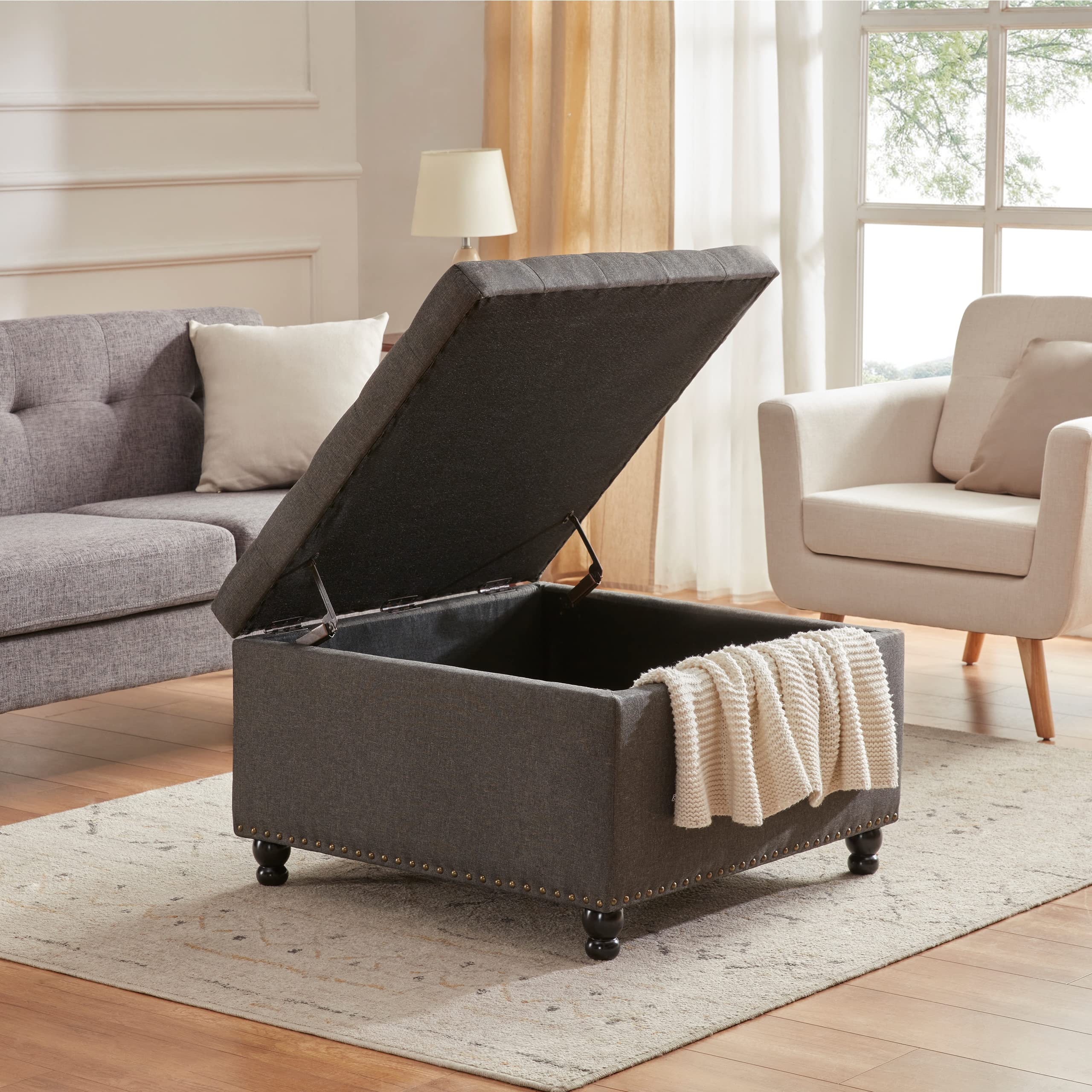 Tbfit Large Square Storage Ottoman Bench - Tufted Upholstered Coffee Table with Hidden Storage | Oversized Toy Box & Footrest for Living Room, Bedroom & Nursery | Dark Grey Ottoman for Home Organization & Extra Seating