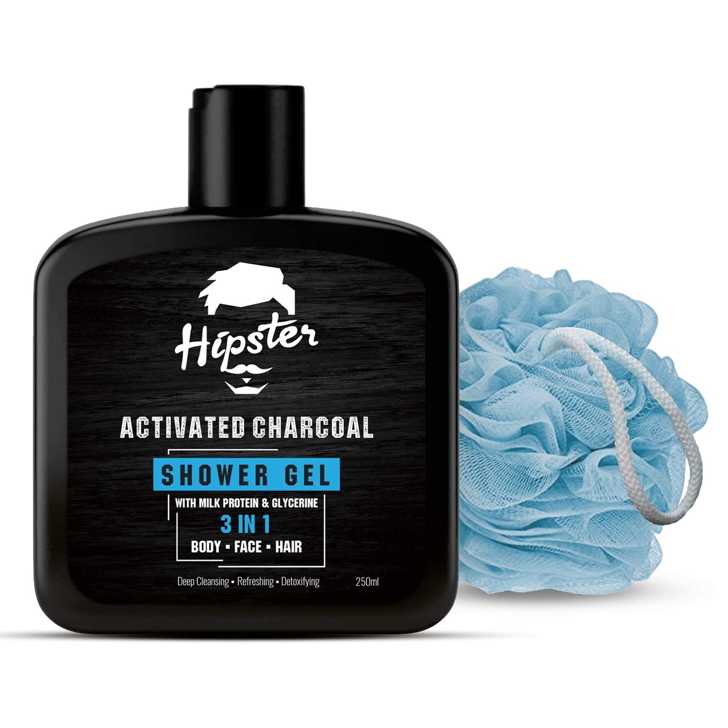 Activated Charcoal 3-in-1 Body Wash & Shower Gel (250ml) - Deep Cleansing for Face, Hair & Body with Charcoal, Milk Protein & Glycerin | Includes Free Loofah | Made in India | Perfect for Detoxifying Skin & Removing Impurities