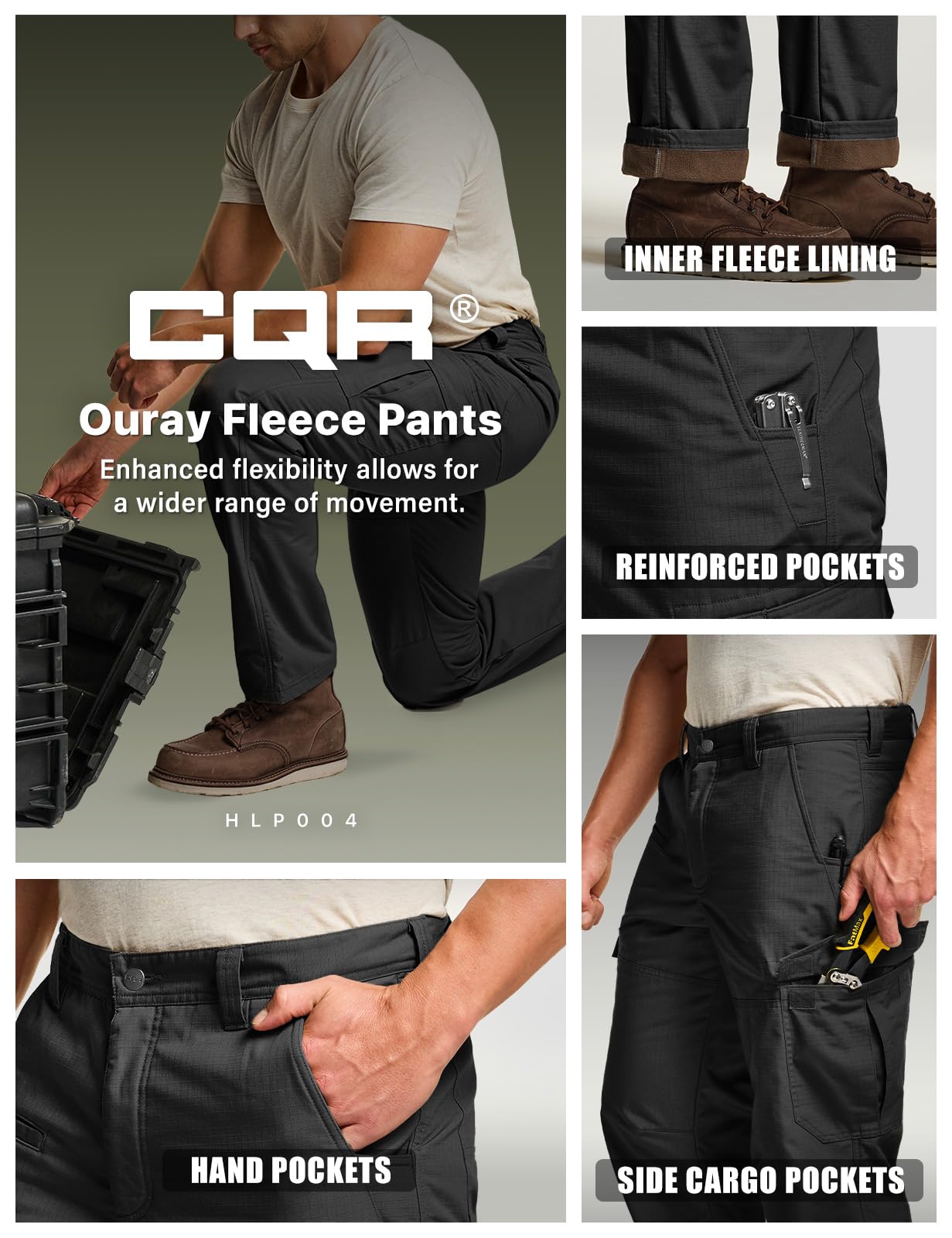 CQR Men's Winter Tactical Pants - Fleece Lined Thermal Hiking & Work Pants for Outdoor Activities, Snow Skiing & Cold Weather Adventures | Durable Cargo Pants for Hunting, Camping & Winter Sports