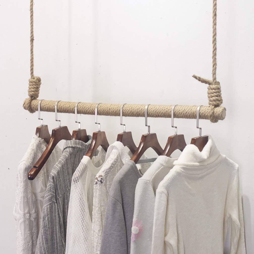 Wooden Wall-Mounted Clothes Rail with Hemp Rope - 100cm Clothing Display Garment Rack for Stores, Boutiques & Home Organization - Perfect for Retail Displays, Bedroom Storage & Space-Saving Solutions