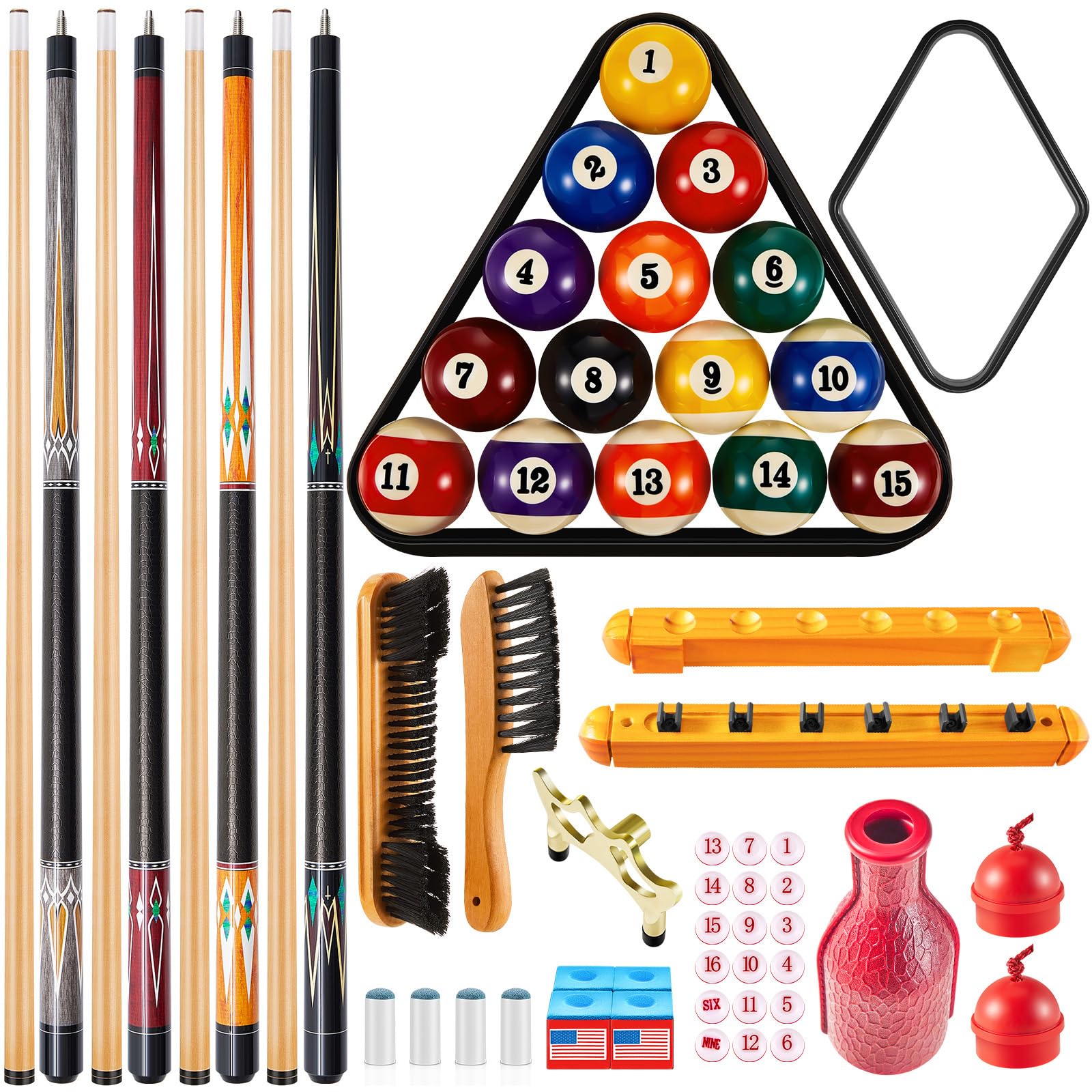 Liliful Billiard Pool Table Accessories Set - Includes Triangle Rack, Diamond Ball Holder, Cue Chalks, Pool Cue Tips, Sticks & Table Brush (Classic Style) - Perfect for Home Game Rooms, Bars & Entertainment Centers