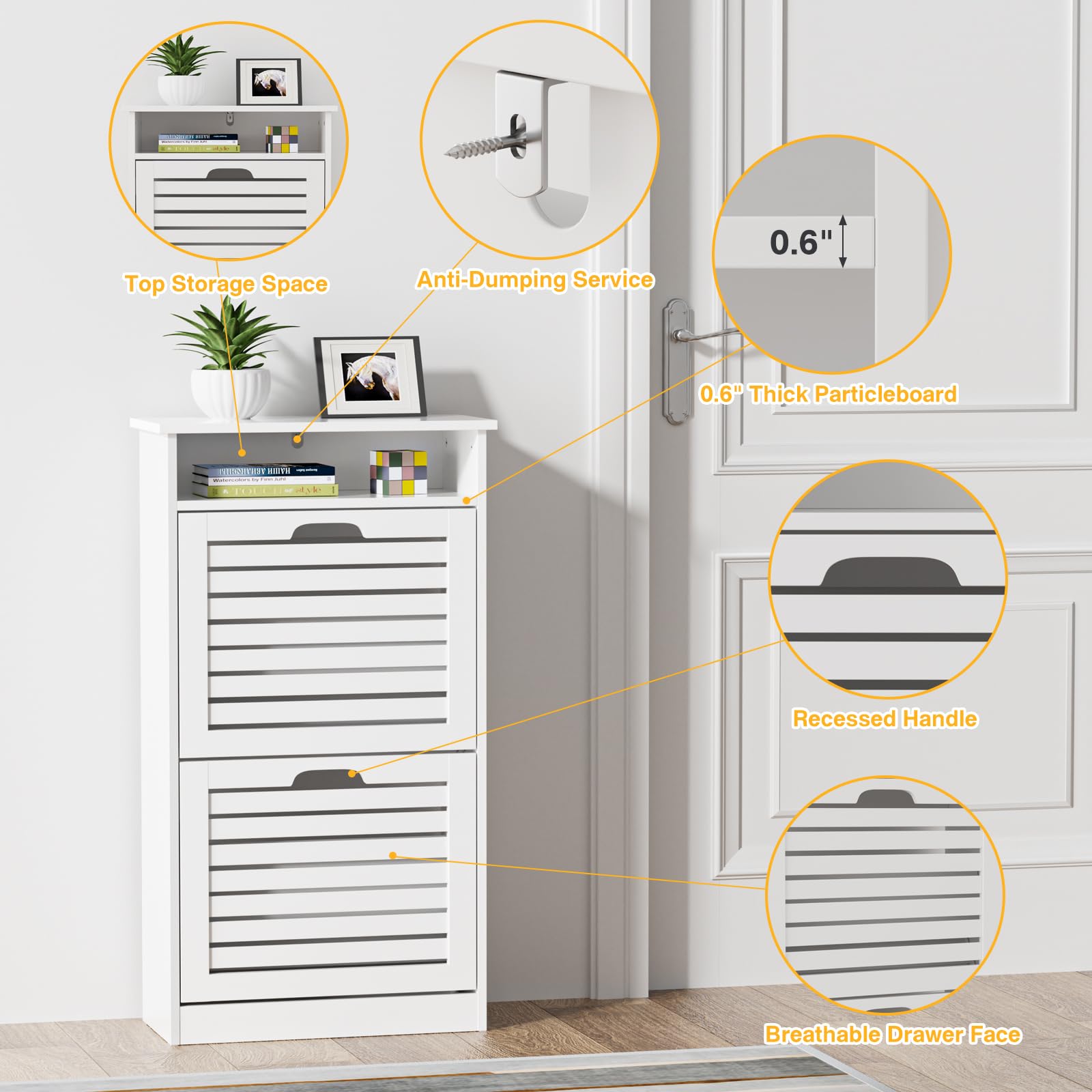 White Shoe Storage Cabinet with 2 Flip Drawers & Top Cubby - Slim Free Standing Shoe Rack Organizer for Entryway, Hallway, Closet - Perfect for Small Spaces & Apartment Living