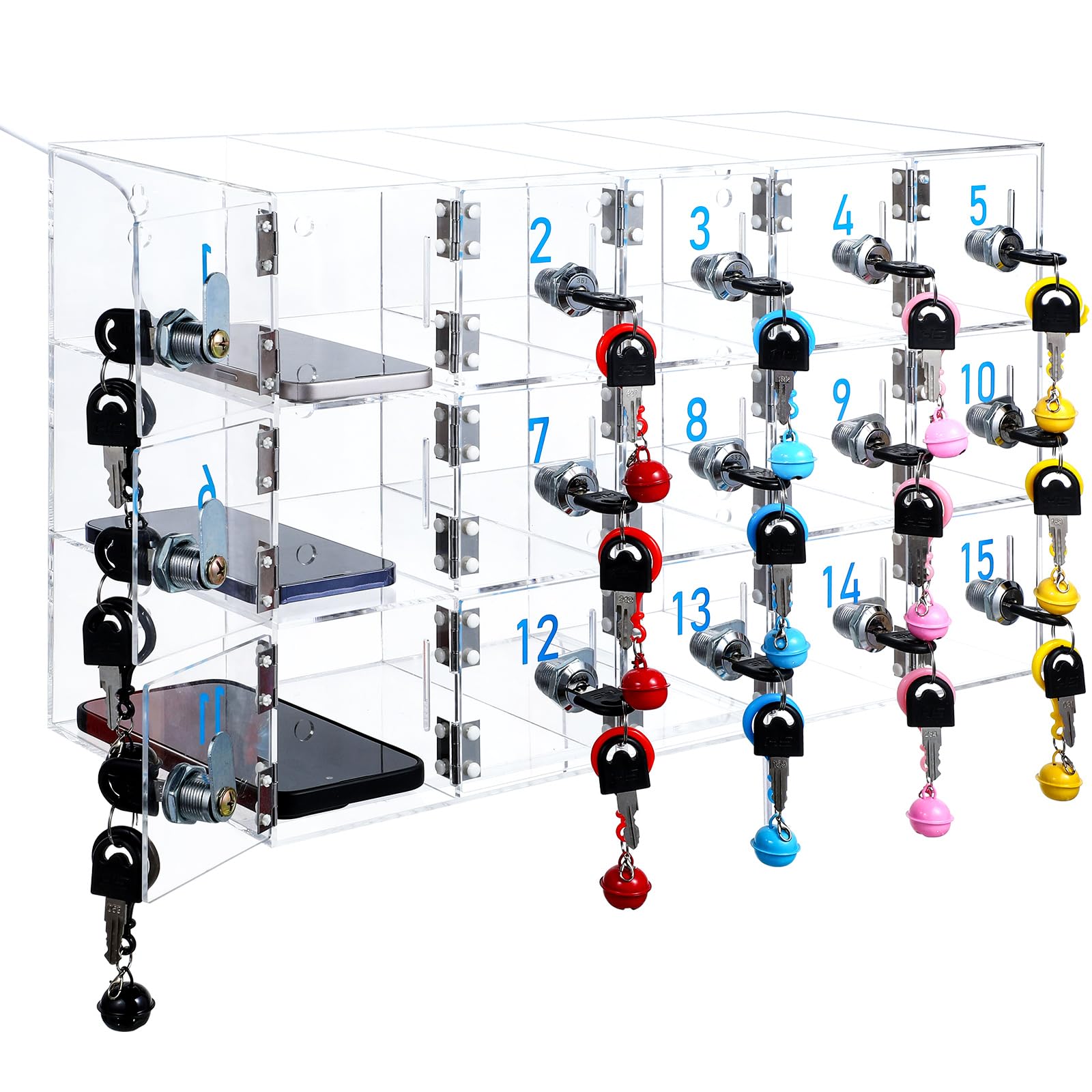 15-Door Clear Acrylic Wall Mount Phone Locker Cabinet with Charging Port & Key Lock - Secure Cell Phone Storage for Classroom, Office, School, Factory (Upgraded Size) - Perfect for Employee Device Management & Student Phone Control