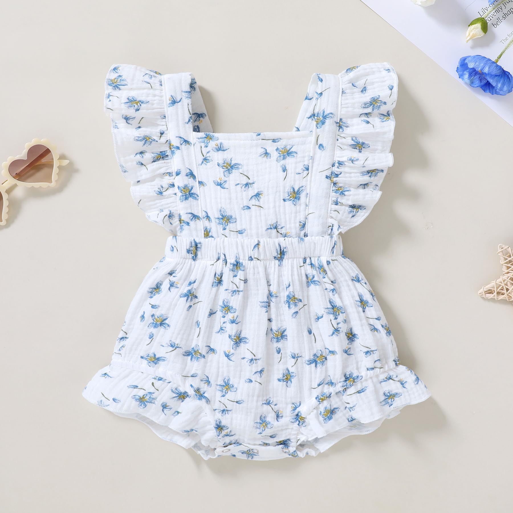 YOUNGER TREE Toddler Baby Girl Ruffled Sleeveless Romper - Soft Cotton Linen Summer Jumpsuit for Girls 0-24 Months | Perfect for Playdates, Beach Outings & Family Photos