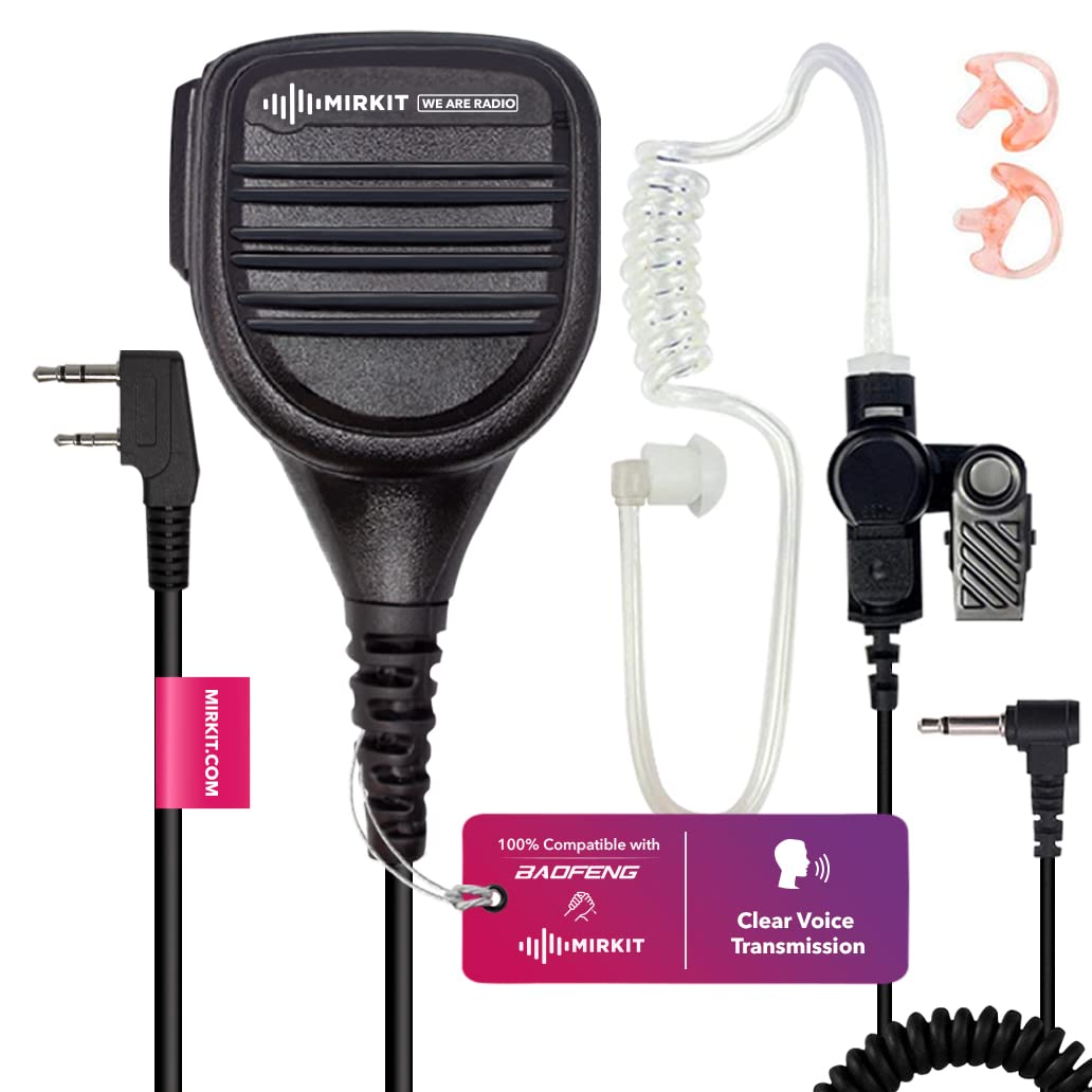 MIRKIT Heavy Duty Baofeng Mic Compatible with UV5R, UV-82HP, BF-F8HP & More - Listen Only Radio Earpiece with Lanyard - Professional Ham Radio Accessories Set for Emergency Communication & Outdoor Activities
