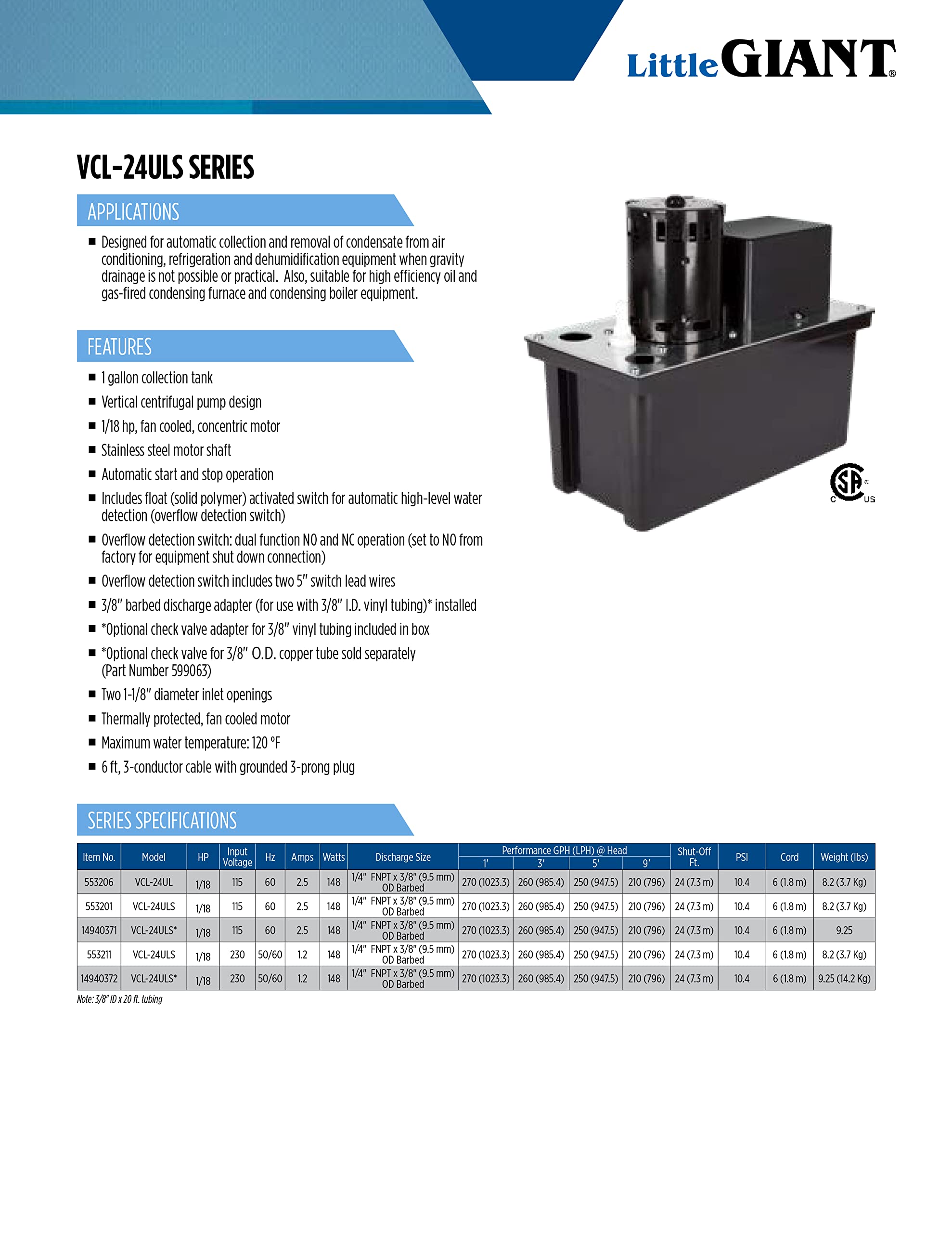 Little Giant VCL-24ULS 115V 1/18HP 270GPH Automatic Condensate Removal Pump with 1-Gallon Tank & Safety Switch - 6ft Cord Black (Model 553201) - Perfect for HVAC Systems, Dehumidifiers, and Water Removal Applications