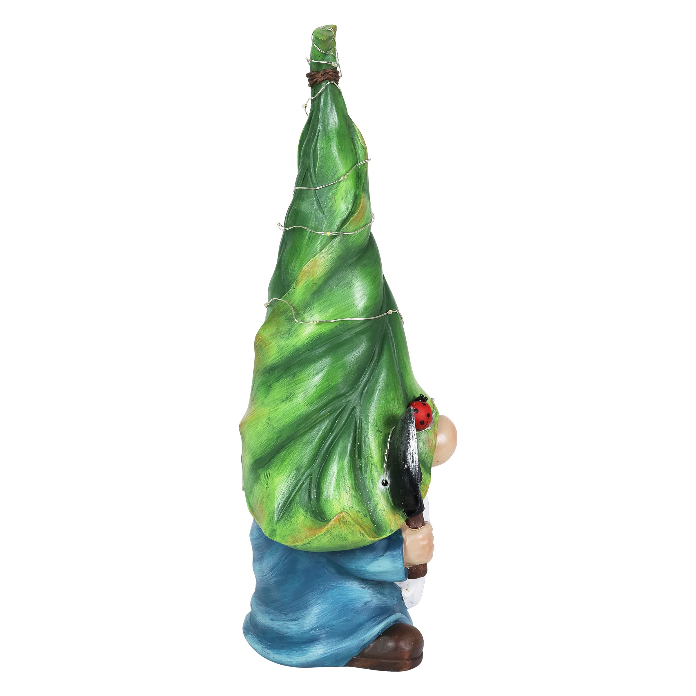 Solar-Powered Garden Gnome Statue with LED Firefly Lights - Exhart Outdoor Lawn Decor with Ladybugs & Trowel - 22 LED Lights, 7x5x14 Inch - Perfect for Yard, Garden & Patio Decoration