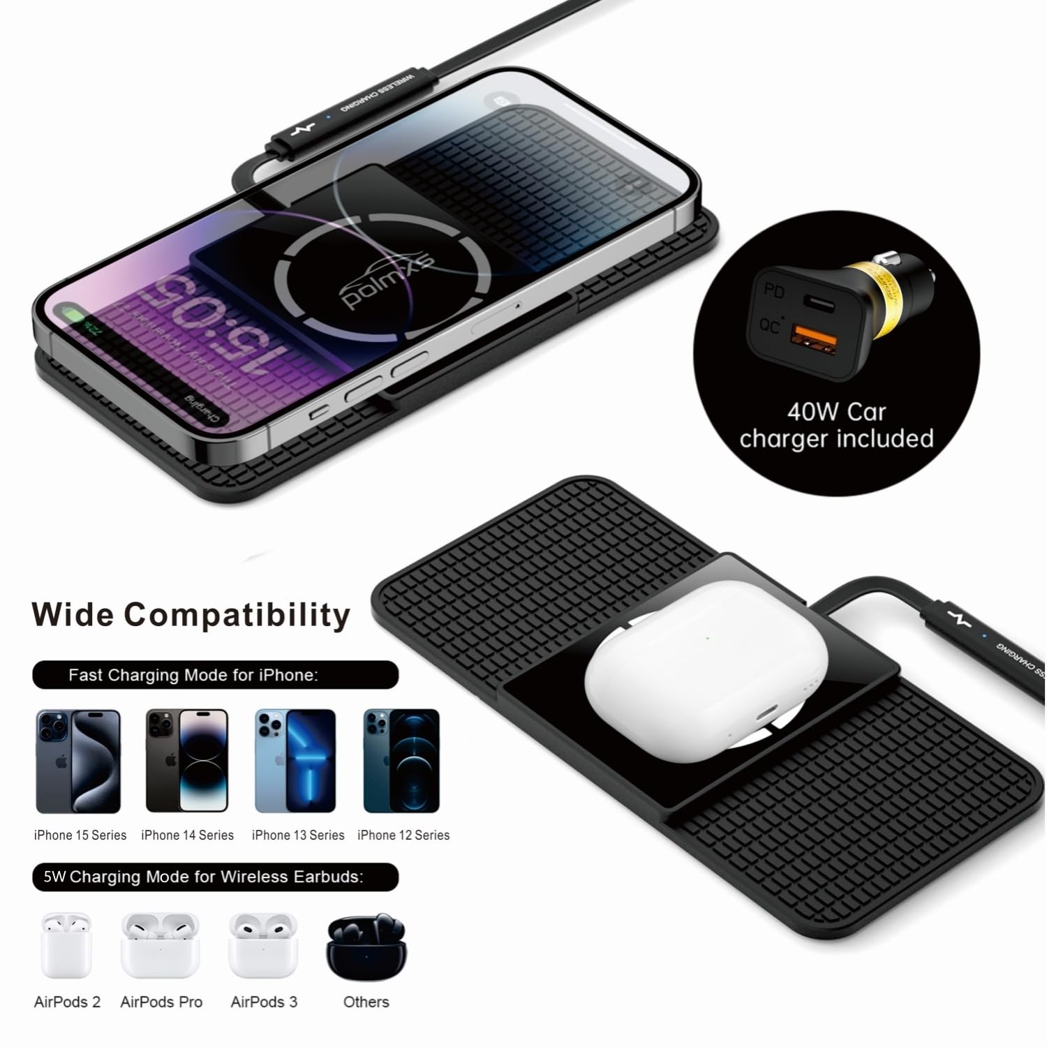 Polmxs 15W Magnetic Wireless Car Charger Pad - Magsafe Compatible, Non-Slip Fast Charging with 40W Type C Adapter for iPhone 15/14/13/12 & AirPods (1M Cable) | Perfect for Road Trips, Commuting & Hands-Free Charging While Driving