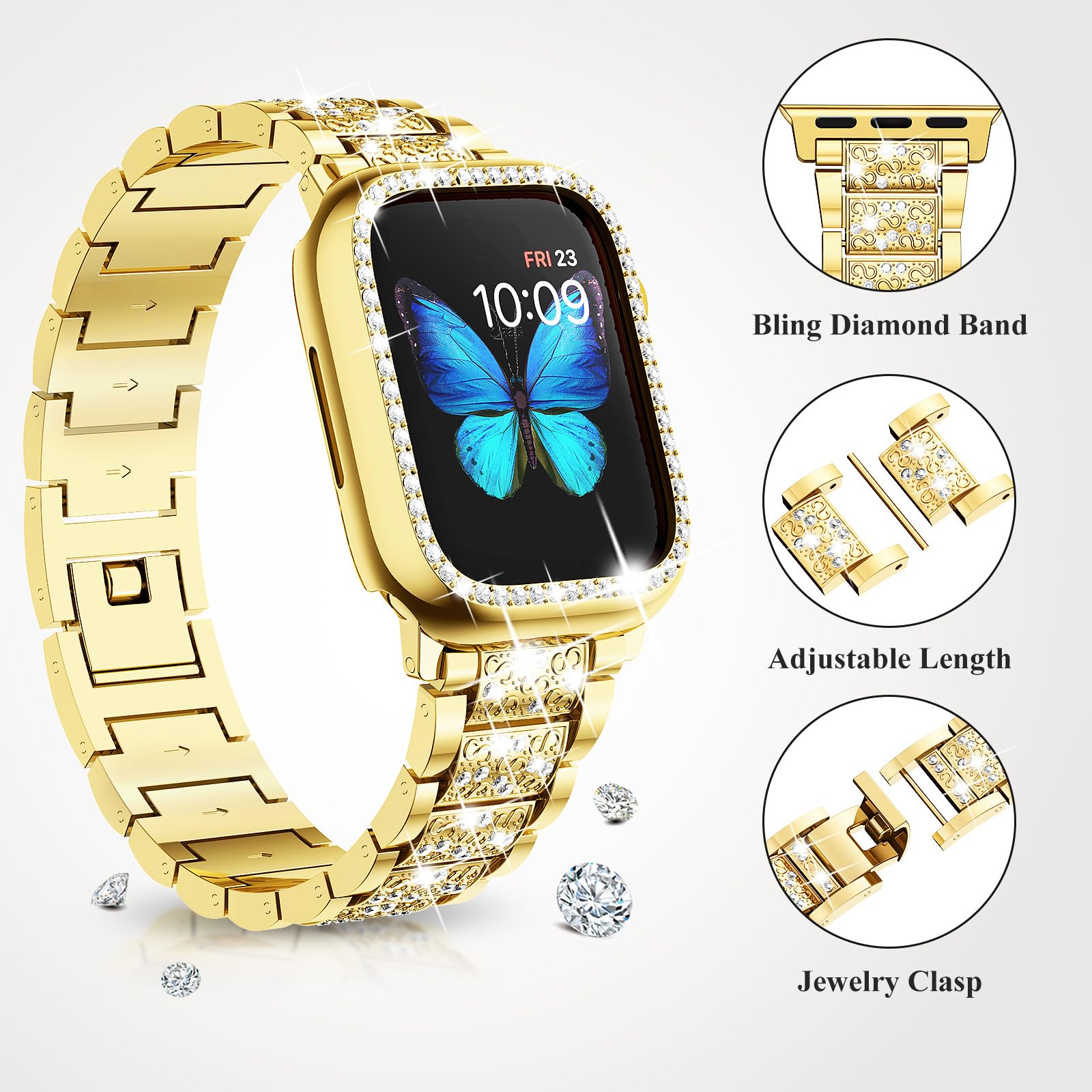 SUPOIX Luxury Bling Diamond Metal Band & 2 Pack Protective Case for Apple Watch Series 9/8/7/6/SE 41mm - Gold, Stylish Women's Jewelry Accessory for Workout, Party & Everyday Wear