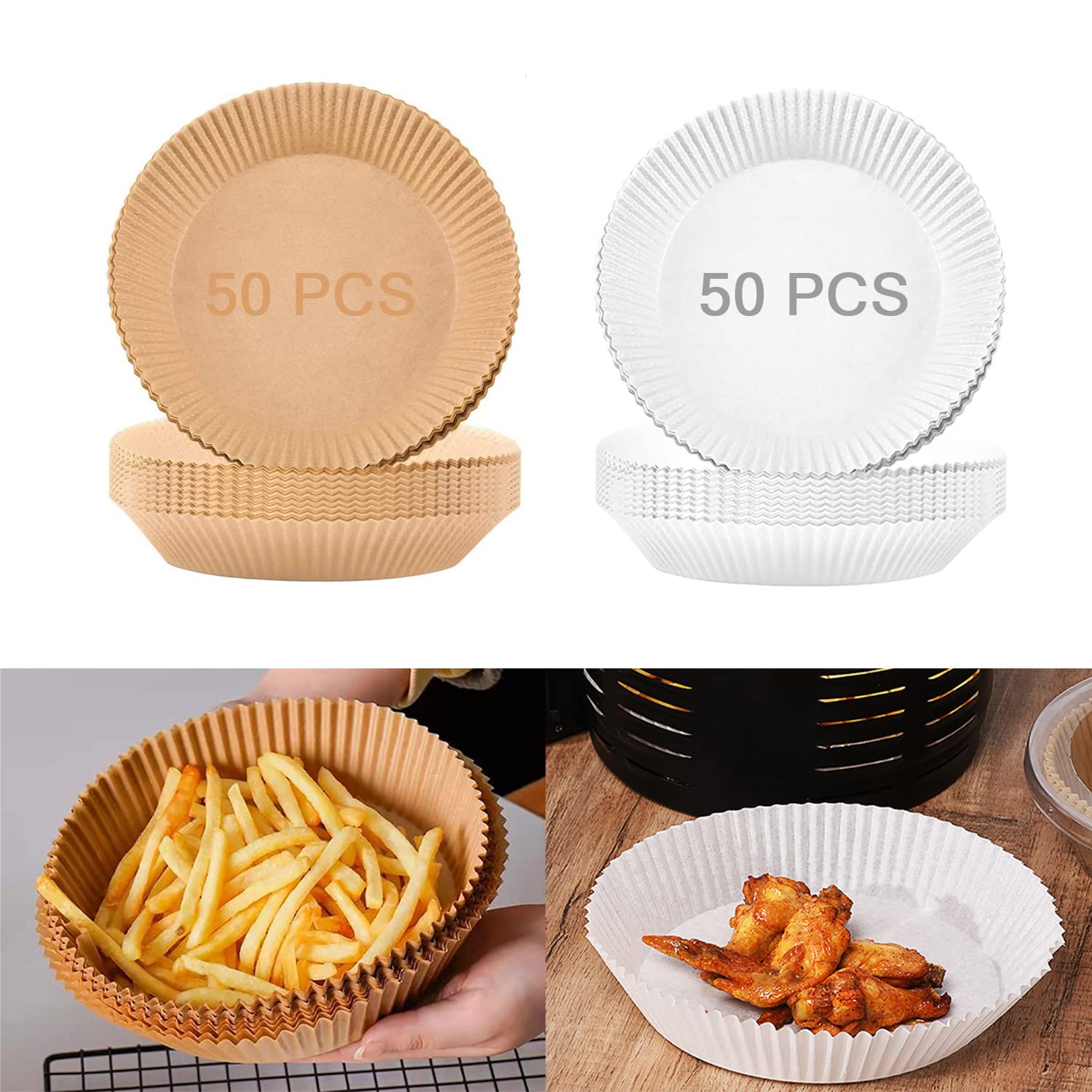 100PCS Air Fryer Disposable Paper Liners - 6.3 Inch Round Non-Stick Parchment Paper for Baking, Roasting & Frying | Perfect for Air Fryers, Ovens & Microwave | Safe & Natural Cooking Accessories for Healthy Meals & Quick Cleanup
