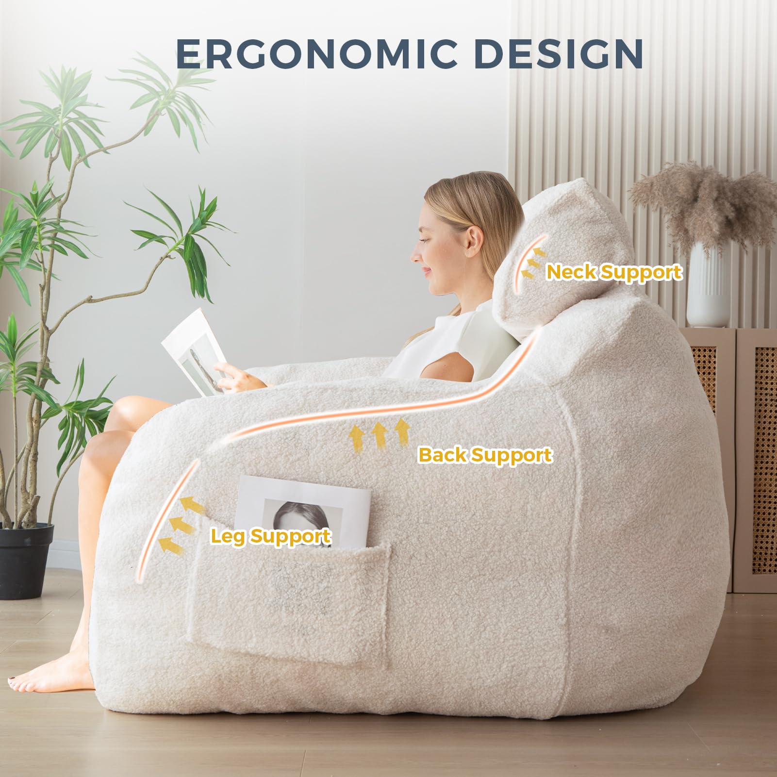 MAXYOYO Oversized Bean Bag Chair with Removable Pillow - Boucle Fabric Bean Bag Sofa for Adults & Teens - Large Upholstered Lounger for Living Room, Bedroom, Game Room - Perfect for Reading, Gaming & Relaxing - Beige Comfort Furniture