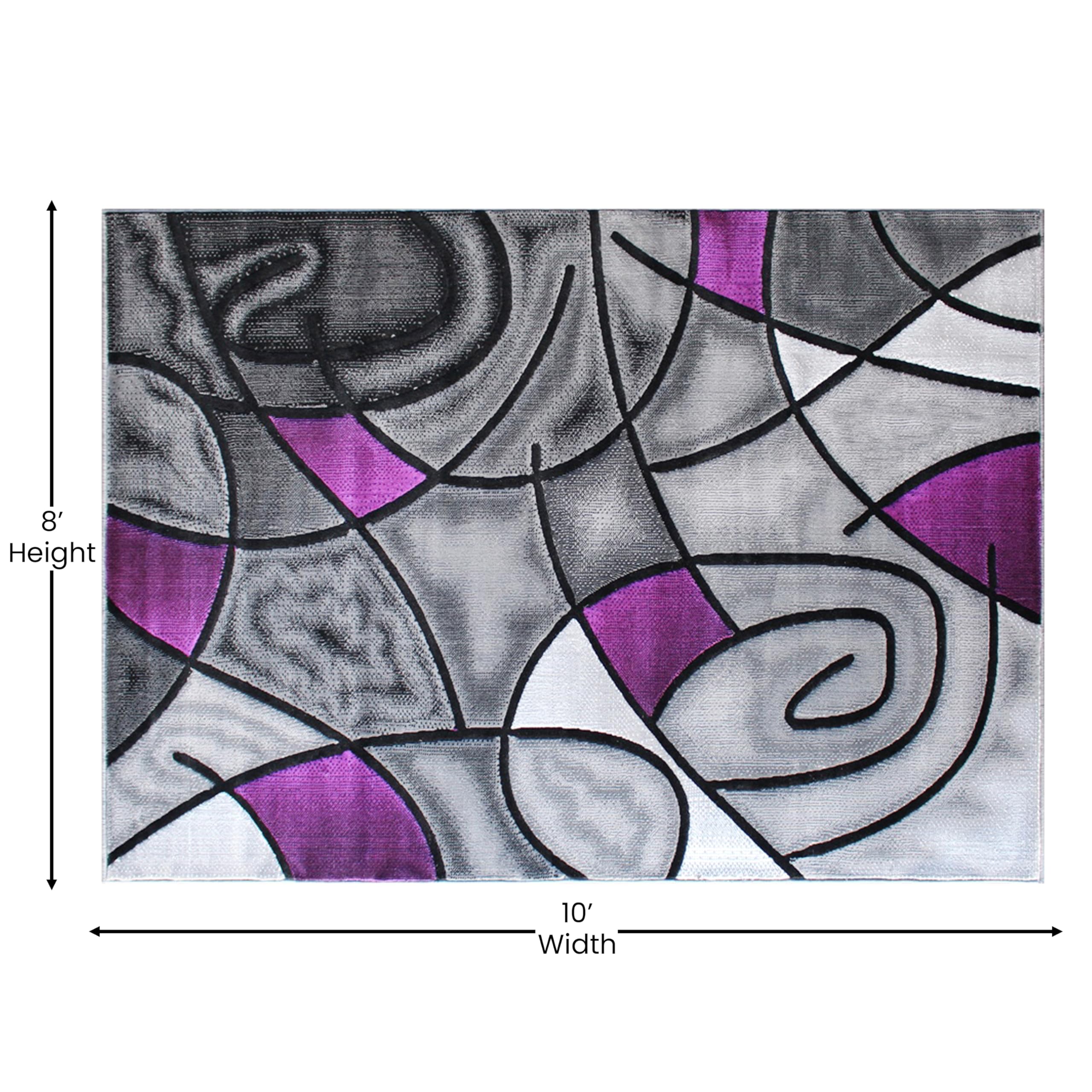 EMMA + OLIVER Urbane Plush Olefin Accent Rug - Abstract Geometric Pattern in Gradient Gray with Purple Accents - 8x10 - Stain & Moisture Resistant - Perfect for Living Room, Bedroom or Office Decor