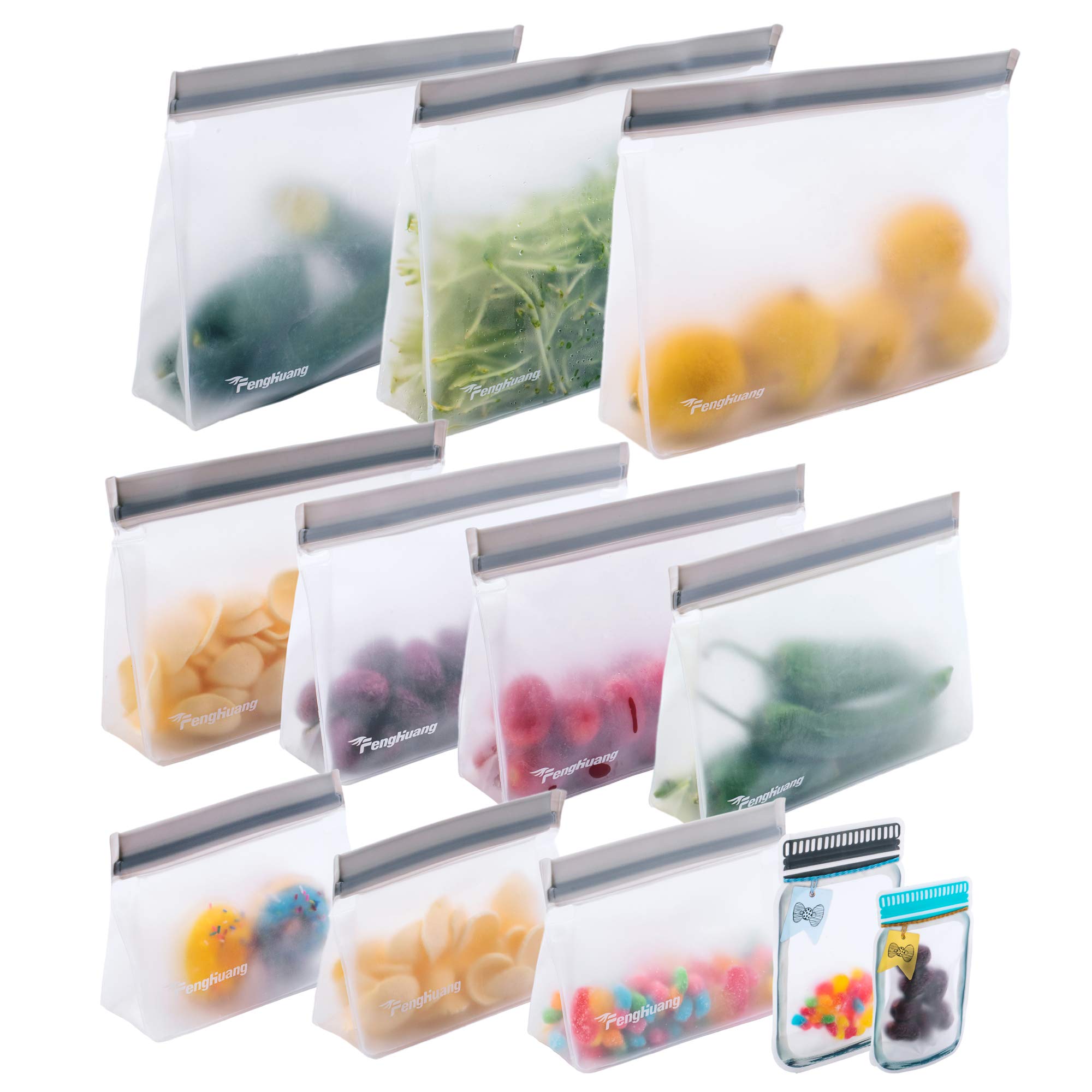 12 Pack Reusable Food Storage Bags - Eco-Friendly Stand Up Freezer Bags for Snacks, Lunch, Sandwich & Meal Prep | BPA-Free, Leakproof & Dishwasher Safe | Perfect for Home, Office & Travel