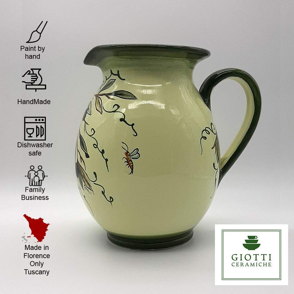 Italian Ceramic Pitcher 33oz - Hand Painted Olive Design Kitchen Carafe & Utensil Holder - Tuscan Pottery Wine Dispenser & Home Decor Vase - Perfect for Italian Kitchen Decor, Wine Serving & Farmhouse Style Dining