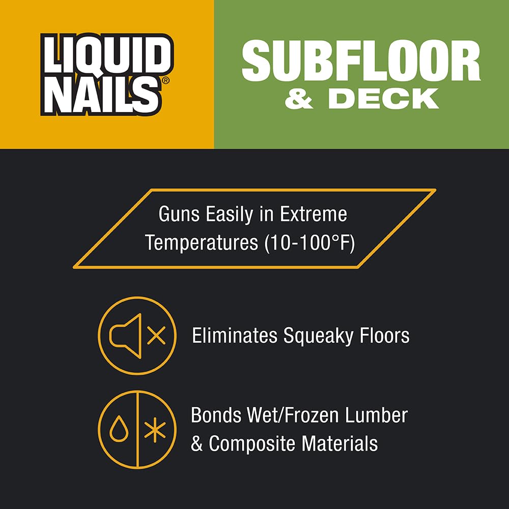 Liquid Nails 10 oz. Heavy Duty Subfloor & Deck Construction Adhesive - Strong Bonding for Wood, Concrete & Plywood | Perfect for Home Renovation & DIY Projects