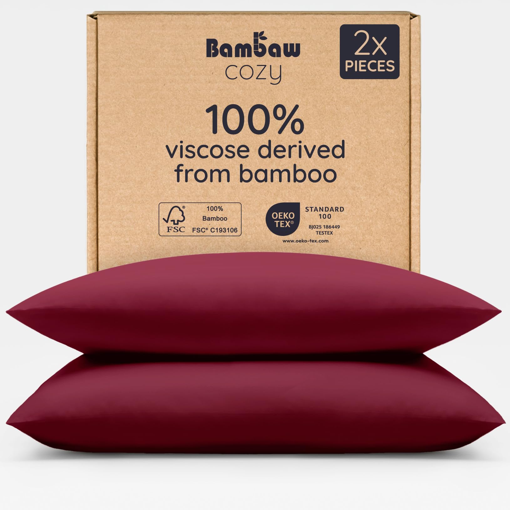 Bambaw 100% Bamboo Viscose Pillowcase Set of 2 - Cooling, Breathable & Super Soft Standard Size Pillow Covers with Envelope Closure for Hot Sleepers (Burgundy) - Perfect for Summer Nights & Temperature Regulation