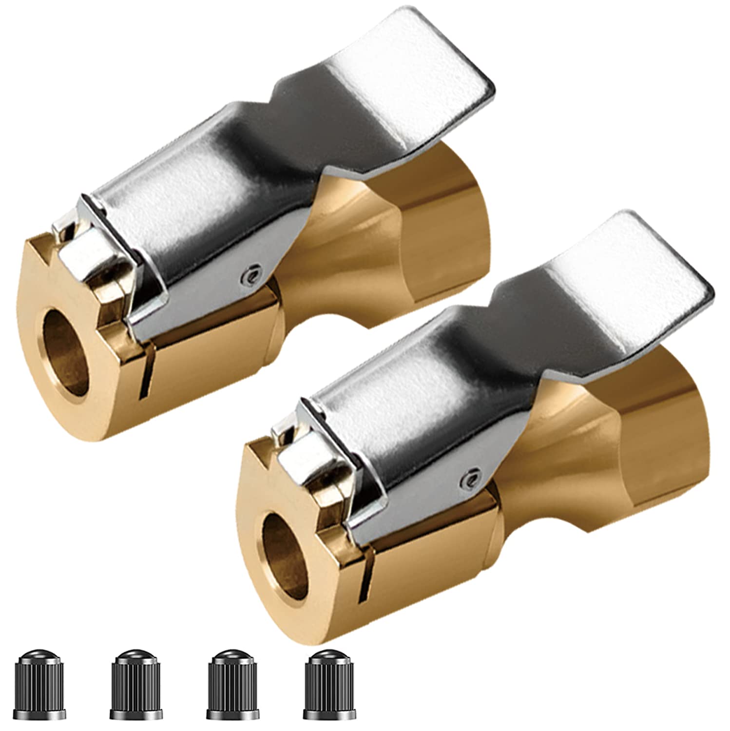 Heavy Duty Air Chuck 2 Pack - Lock On Tire Chuck with 4 Valve Caps for Tire Inflators & Air Compressors | Perfect for Car, Truck, Bike Tires & ATV Inflation