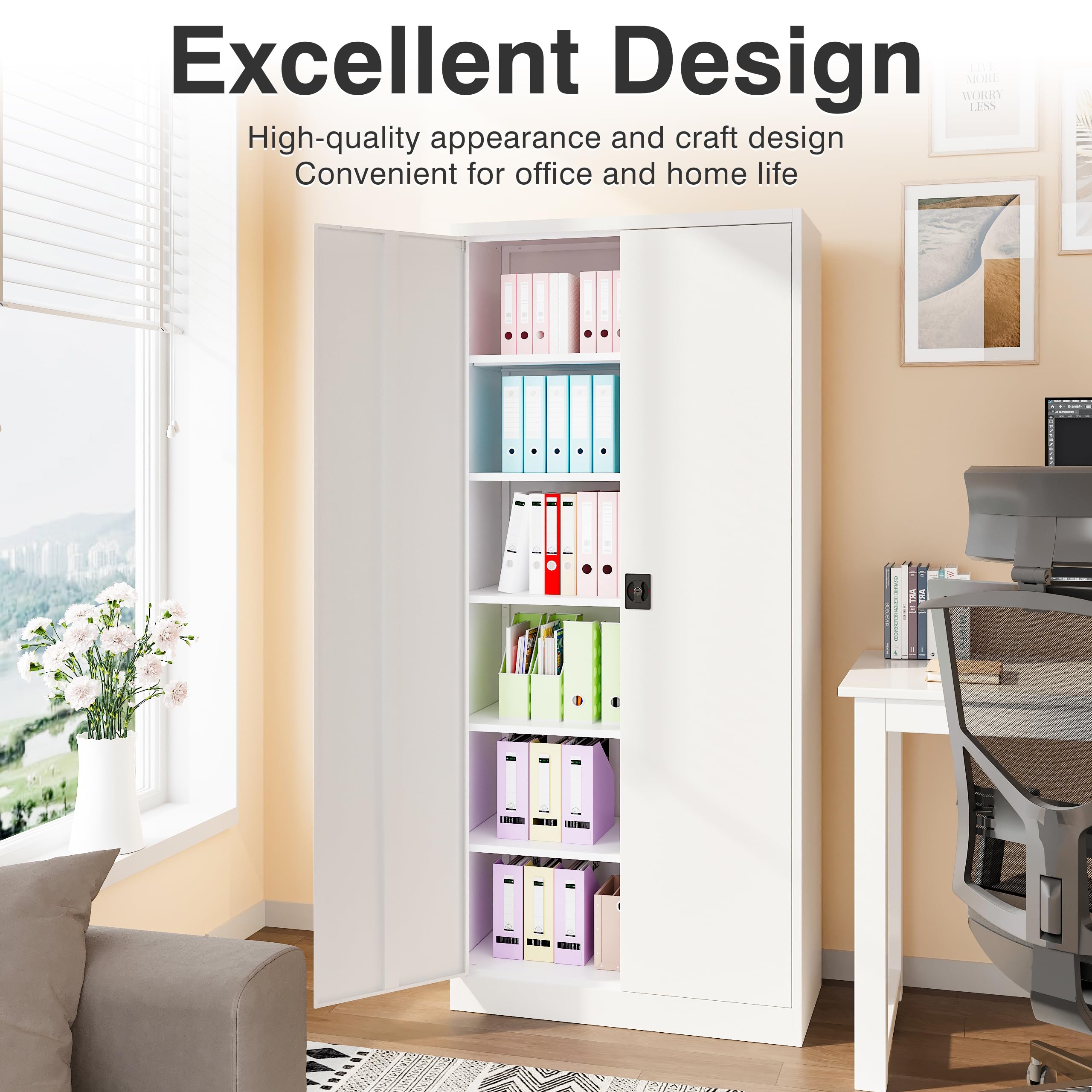 White Metal Storage Cabinet with 5 Adjustable Shelves - 71