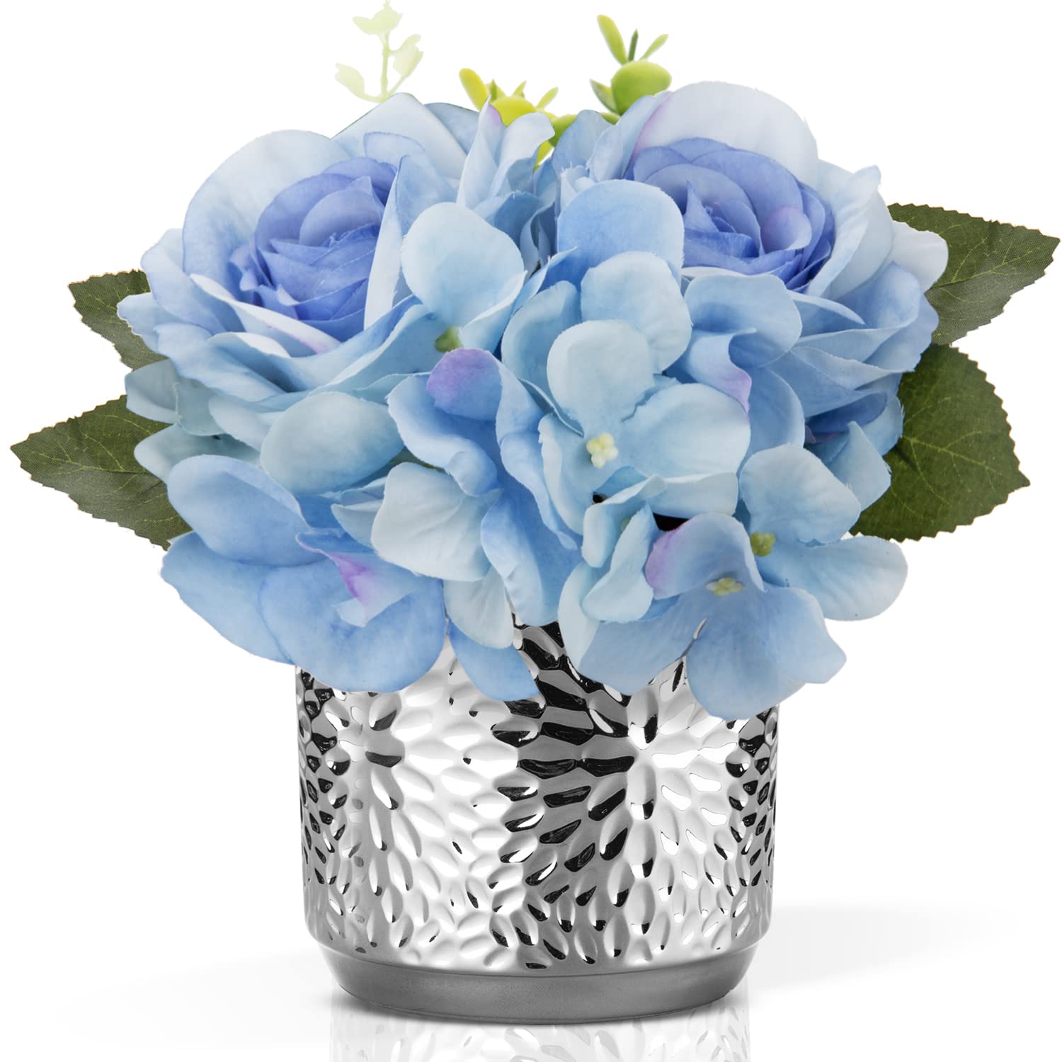 Blue Artificial Silk Hydrangea & Rose Flower Arrangement in Ceramic Vase - Faux Floral Centerpiece for Home, Wedding, Table Decor - Perfect for Living Room, Kitchen, Bathroom & Office Decoration
