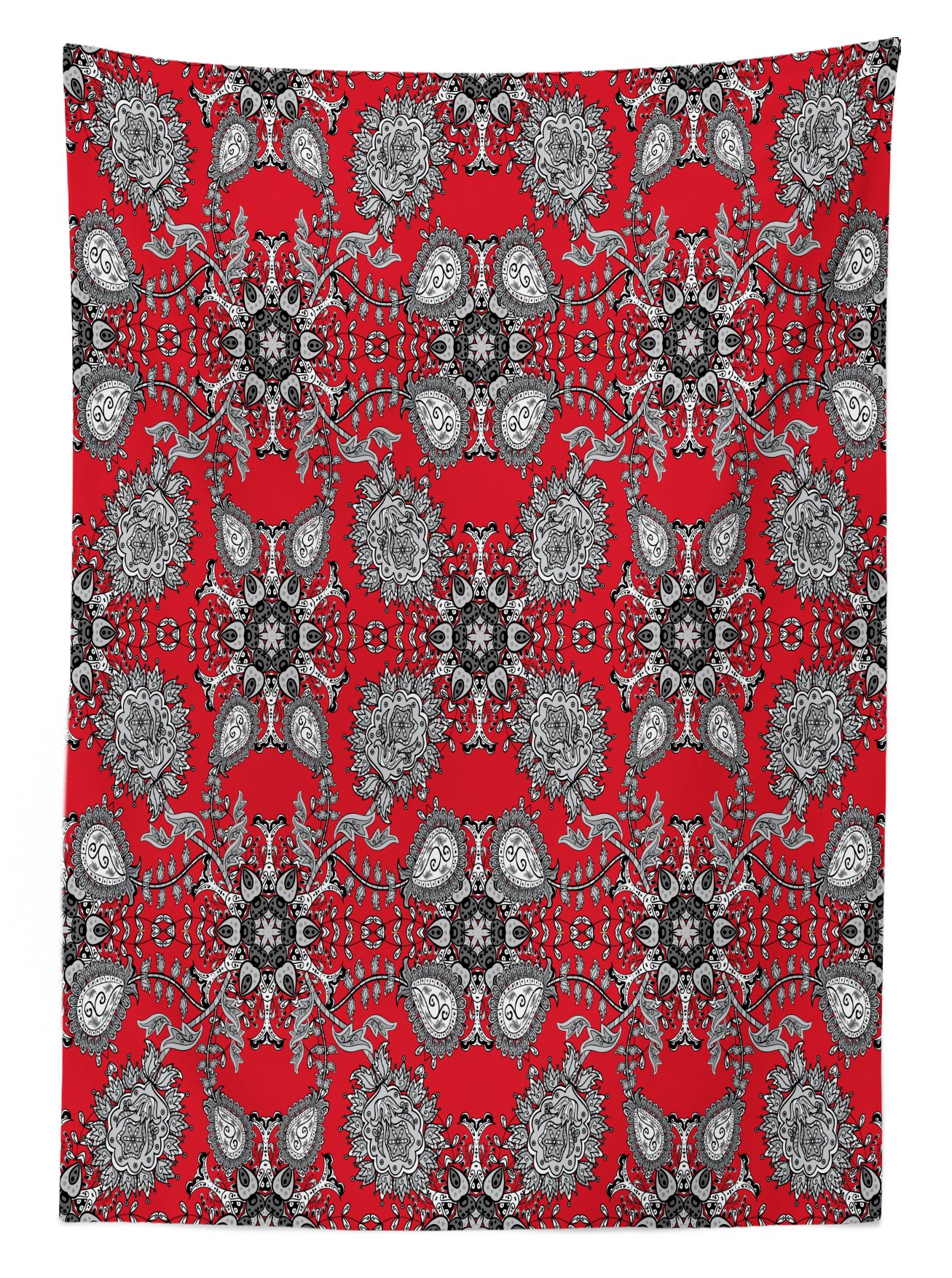 Ambesonne Red Mandala Outdoor Tablecloth - Doodle Mandala Flower Ivy Swirls Classic Paisley Design - Washable Picnic Table Cover 58