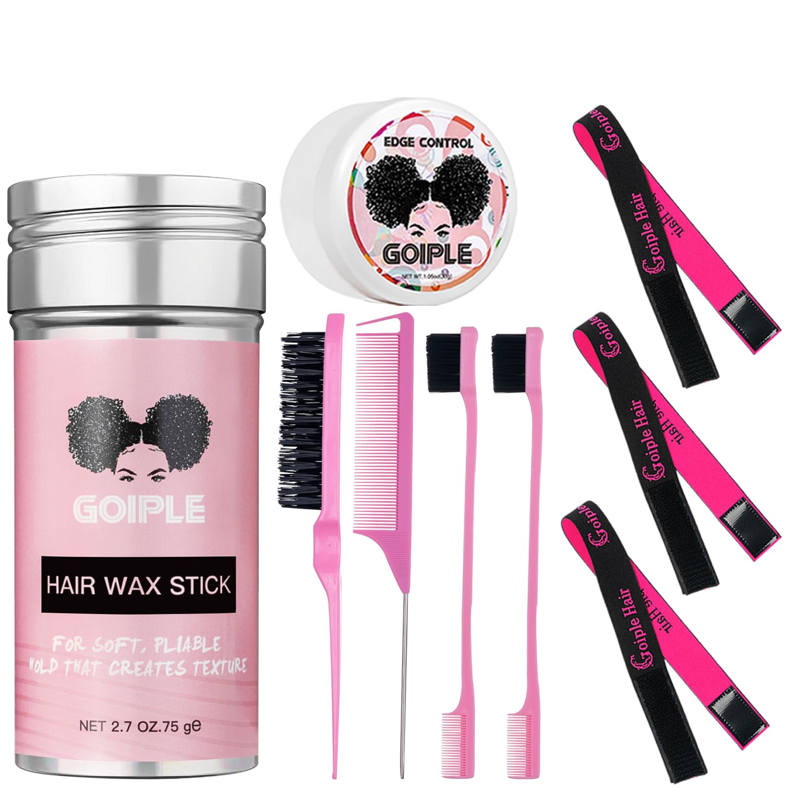 Goiple 3PCS Elastic Wig Bands for Edges - Adjustable Wig Grip Band for Secure Wig Installation (Pink) + 9PCS Hair Wax Stick Set - Perfect for Salon Styling, Cosplay & Everyday Hair Care
