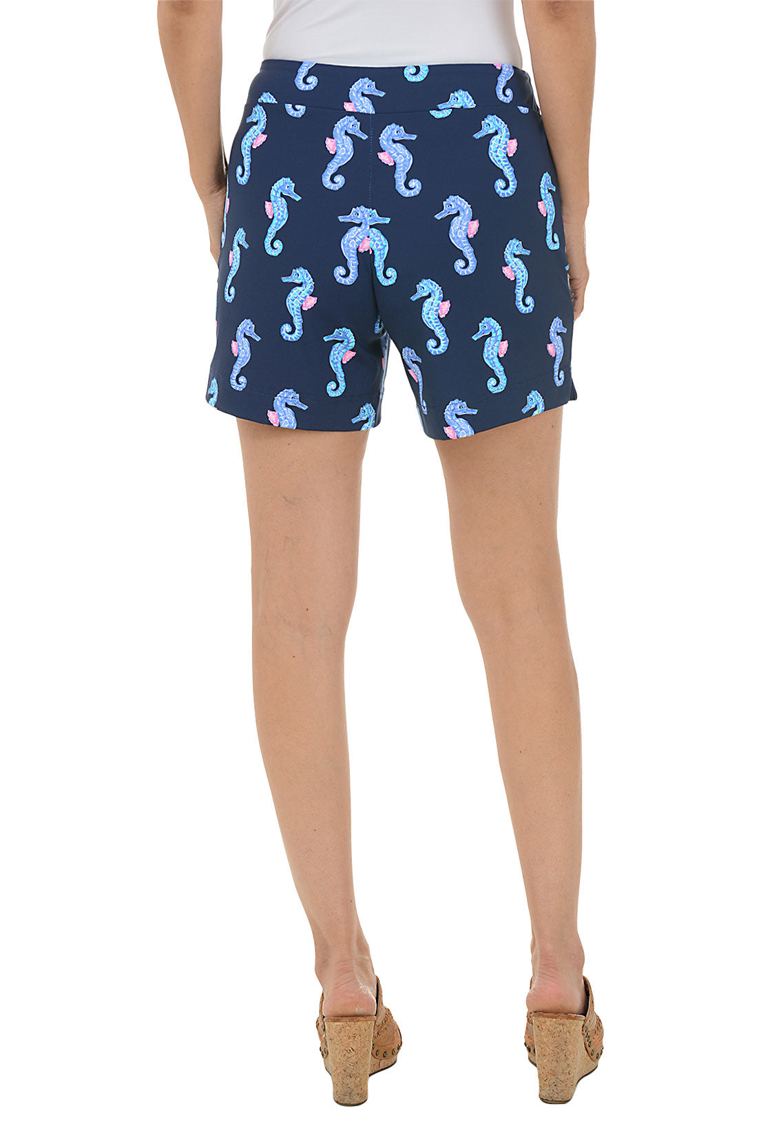 UPF50+ Navy Seahorses Swim Trunks for Men - Quick Dry Pull On Beach Shorts with Pockets for Swimming, Surfing & Summer Vacation