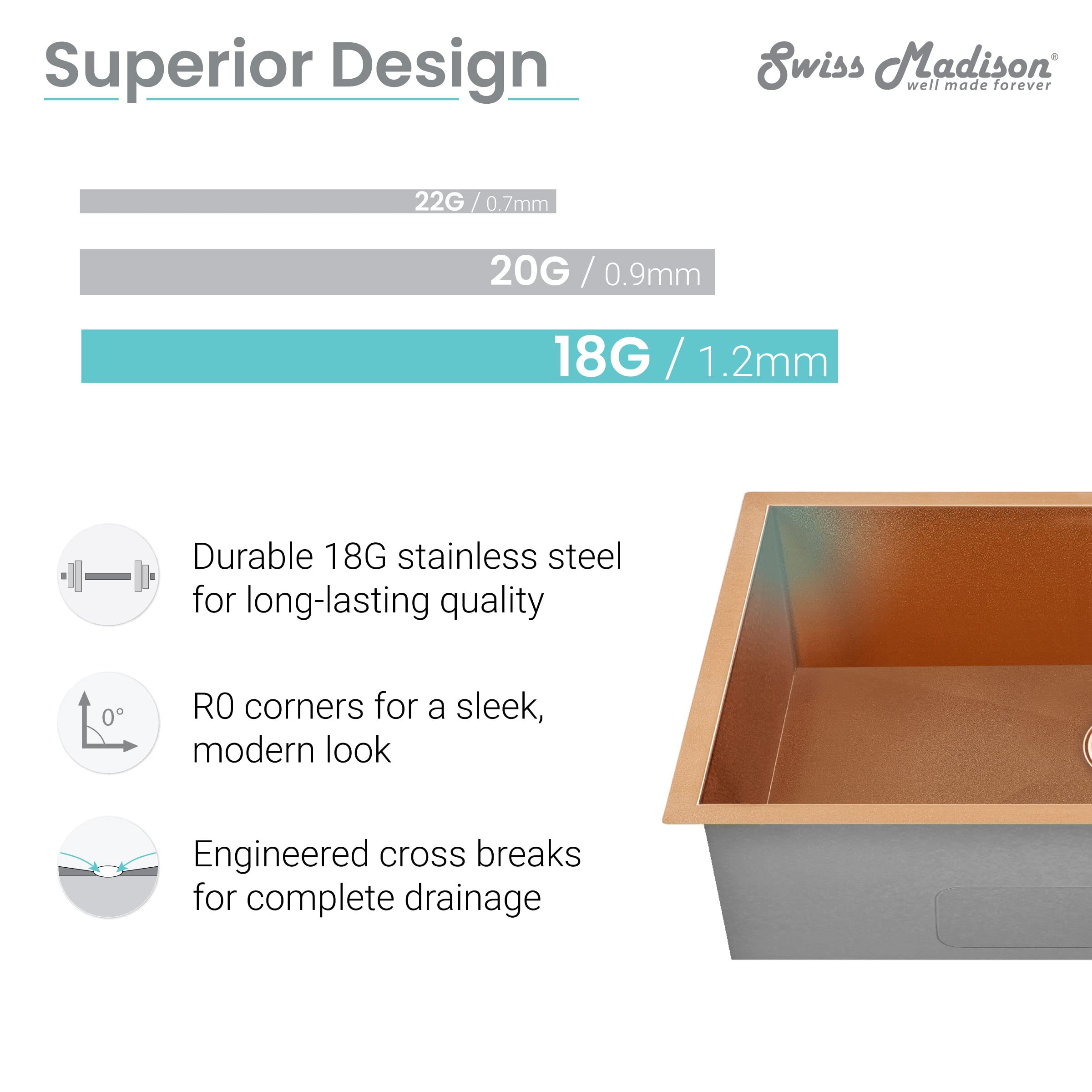 Swiss Madison SM-KU725RG Premium Undermount Kitchen Sink in Rose Gold - Durable Stainless Steel for Modern Farmhouse & Luxury Home Renovations