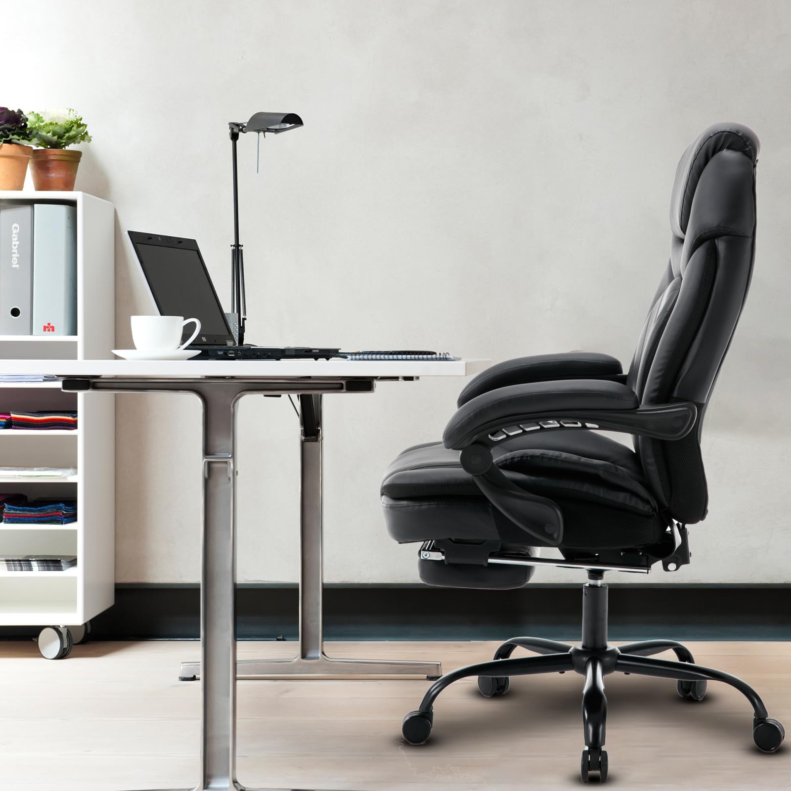 350lbs Heavy Duty Reclining Office Chair with Lumbar Support & Footrest - PU Leather Executive Desk Chair with Wide Seat, Ergonomic Design & Smooth Rolling Wheels - Perfect for Home Office, Gaming & Conference Rooms (Black)