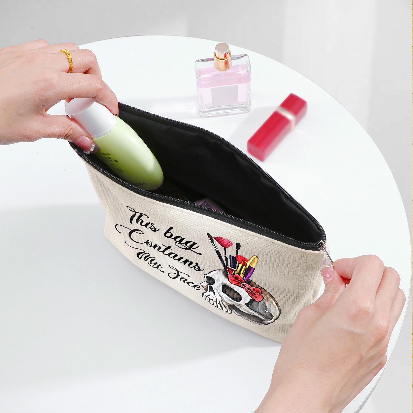 Funny Skull Cosmetic Makeup Bag - Halloween Gifts for Women, Best Friend & Sister Birthday Presents - 'This Bag Contains My Face' Zipper Toiletry Pouch - Perfect for Travel, Parties & Daily Use