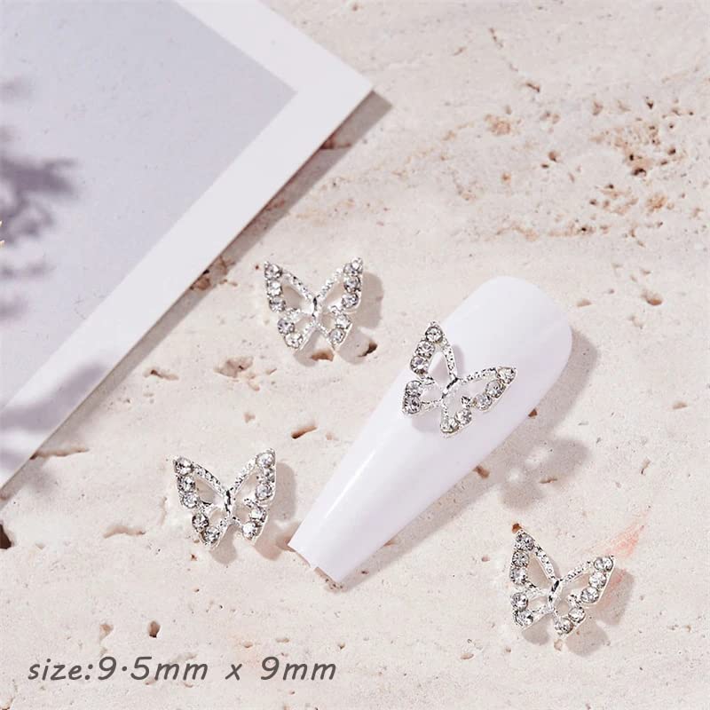 3D Silver Butterfly Nail Charms - Metallic Butterfly Nail Gems & Rhinestones for Acrylic Nails, Shiny Crystal Nail Art Decorations (20pcs) - Perfect for Women's Nail Designs, DIY Manicures, and Party Nail Art