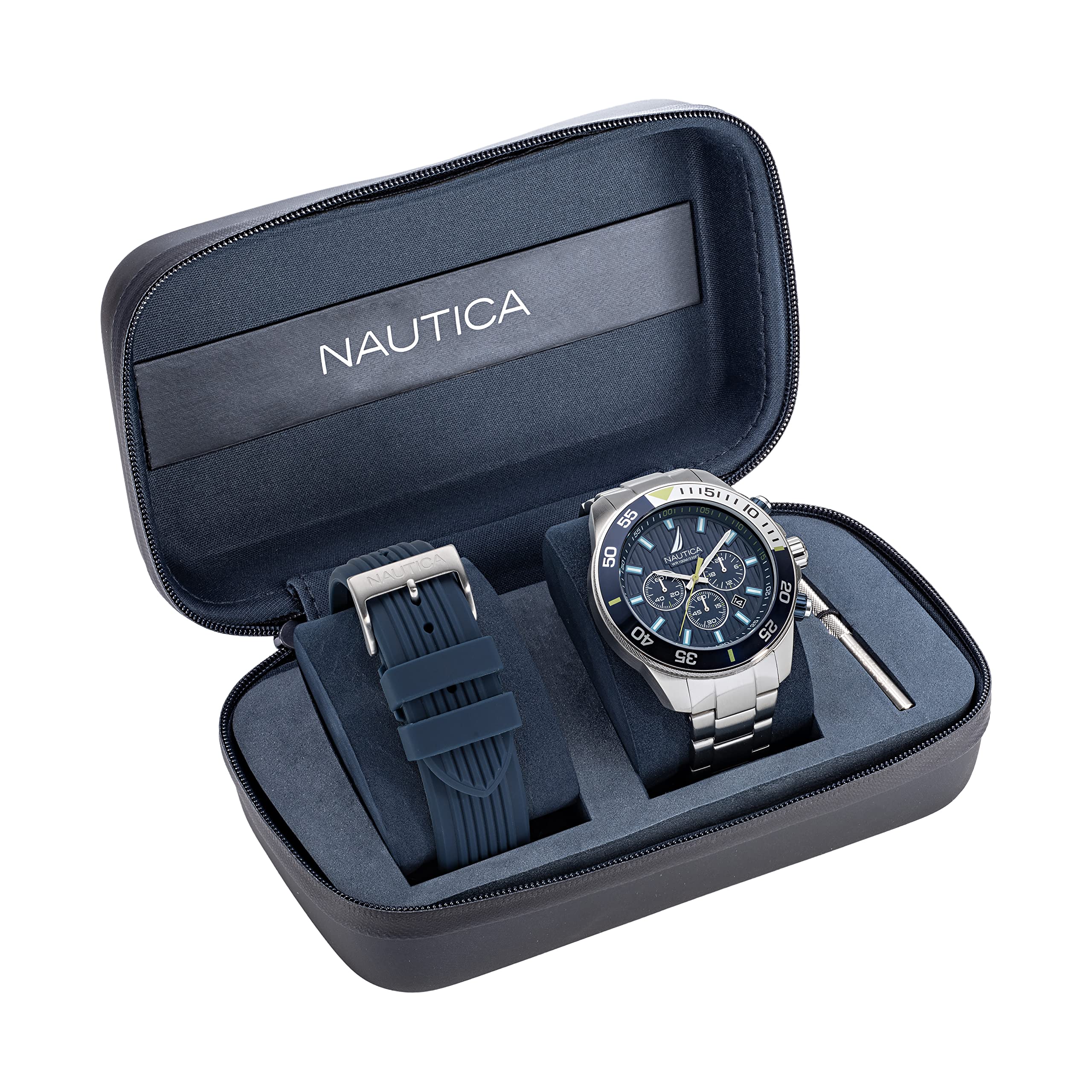 Nautica Men's NAPNOS304 Eco-Friendly Watch - 85% Recycled Stainless Steel Bracelet & Blue Silicone Strap - Waterproof Casual & Sports Watch for Everyday Wear, Outdoor Activities and Gifts