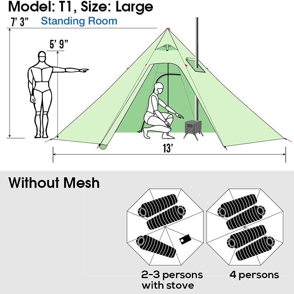 4-Person 5lb Lightweight Tipi Hot Tent with Stove Jack - 7'3