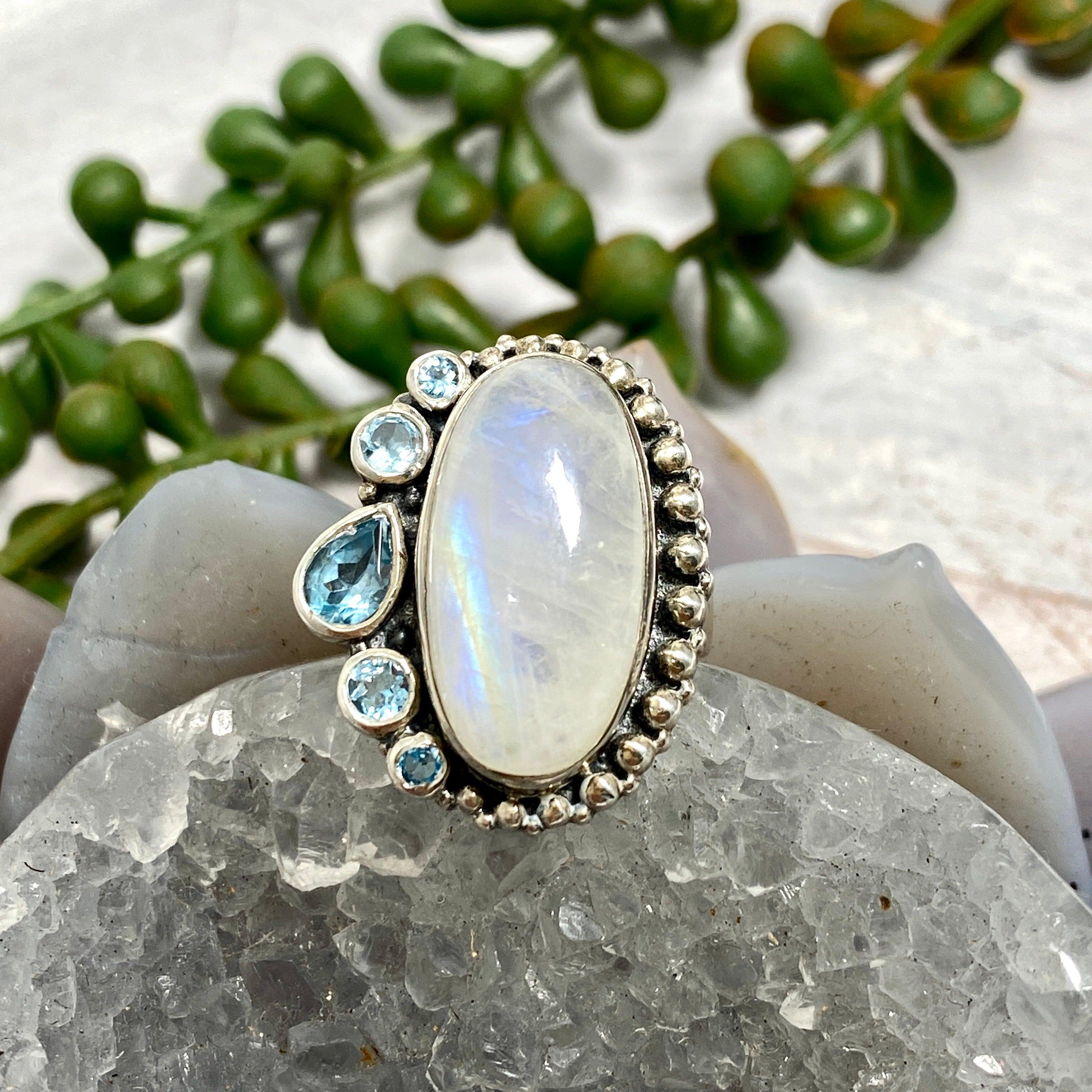 Moonstone and Blue Topaz Multi-Stone Ring - Size 7 - Elegant Handmade Jewelry for Women - Perfect for Weddings, Parties & Special Occasions