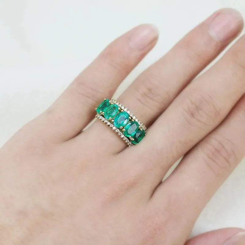 18Kt Solid Yellow Gold Natural Green Emerald Diamond Wedding Ring for Women | Genuine Gemstone Fine Jewelry | Anniversary, Engagement, Party & Special Occasion Gift