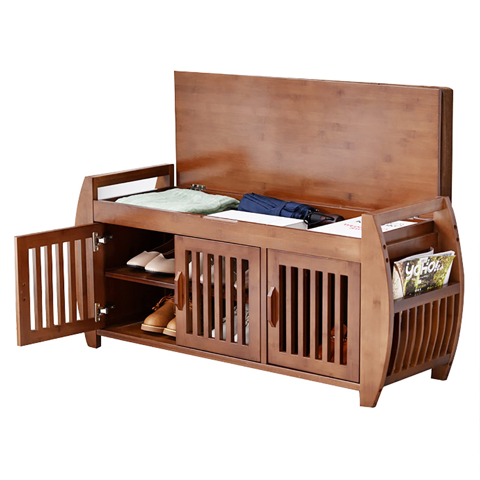 40 Inch Rustic Bamboo Shoe Storage Bench with Doors - Entryway Shoe Organizer Cabinet for Hallway, Living Room & Bedroom | Space-Saving Shoe Bench for Home Decor & Organization