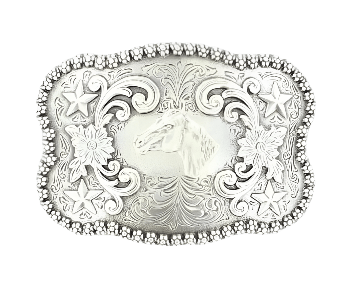 Nocona Silver Floral Horse Buckle Belt - Western Style Cowboy Belt Buckle for Men & Women - Perfect for Rodeo, Country Music Festivals & Western Fashion Outfits