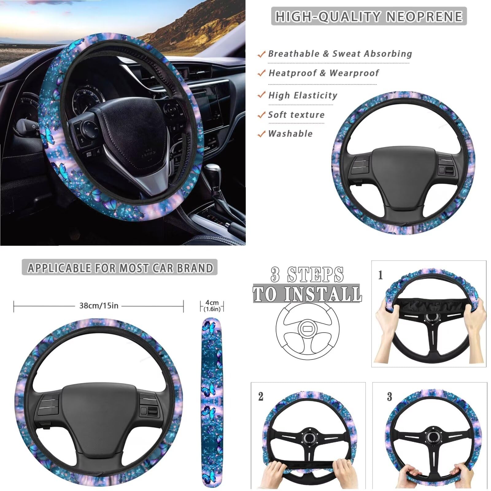 Xoenoiee 11-Piece Blue Sparkling Butterfly Car Accessories Set - Front & Back Seat Covers, Steering Wheel Cover, Car Coasters, Seat Belt Pads & Keychain | Luxury Car Interior Decor for Women, Gift Idea for Car Lovers (Perfect for Sedans, SUVs & Daily Commute)