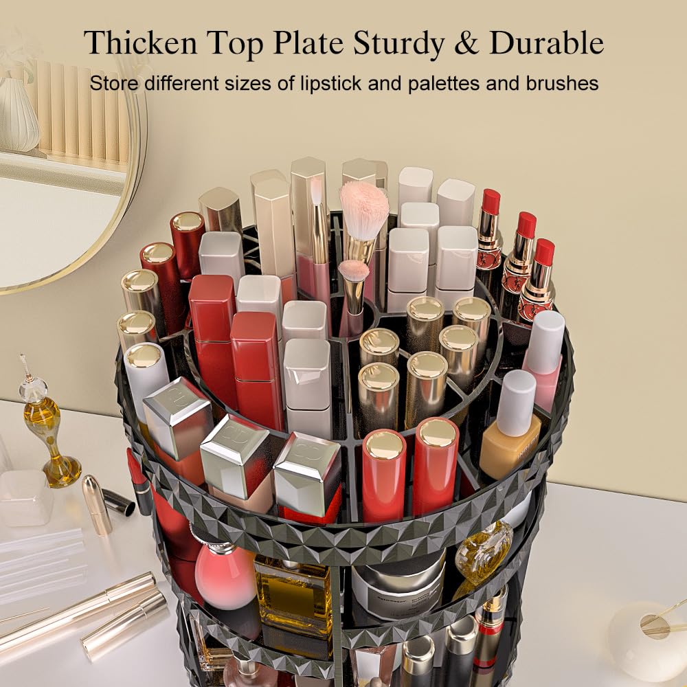 360° Rotating Makeup Organizer - Adjustable Spinning Carousel Storage Rack for Cosmetics & Skincare | Large Capacity Vanity Organizer with DIY Design | Perfect for Bathroom Countertop, Dressing Table & Travel (Black)