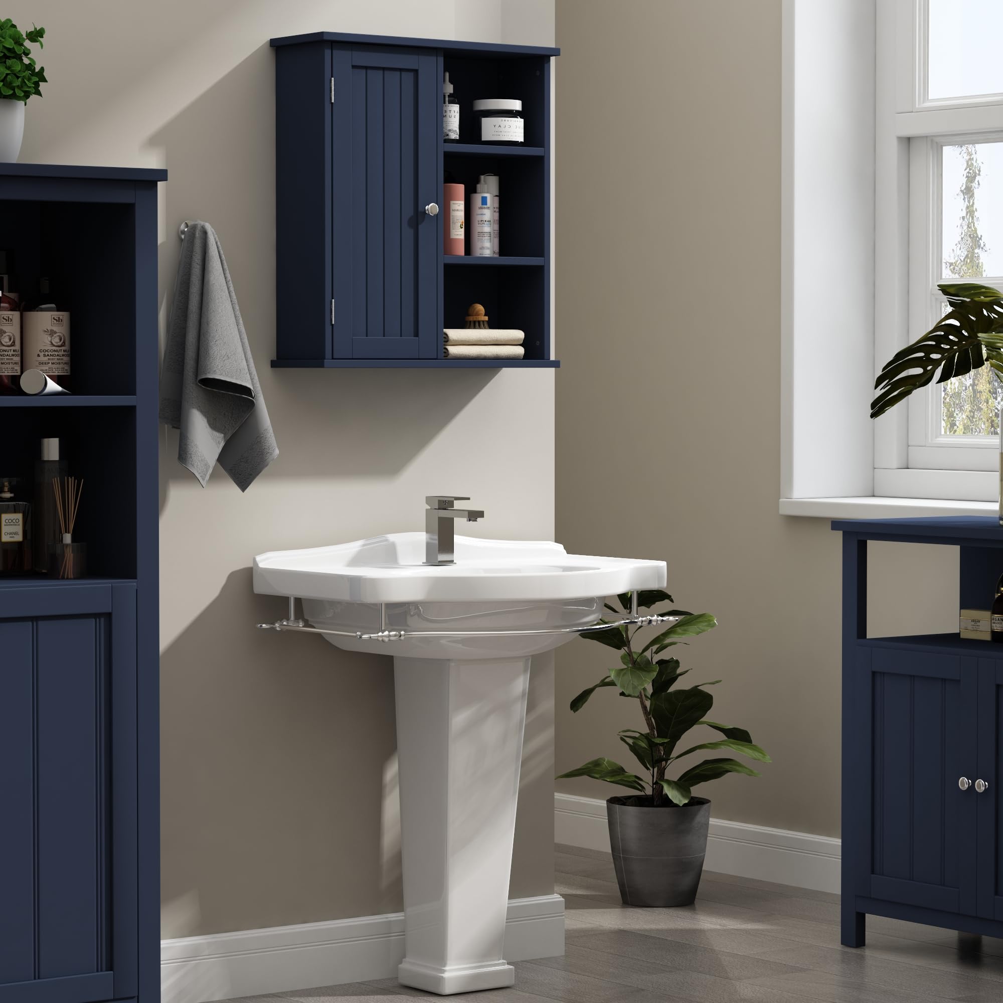 Treocho Wall Mounted Bathroom Medicine Cabinet with Door & 3 Open Shelves - Bathroom Storage Organizer for Toiletries, Kitchen Spices & Living Room Decor (Blue) - Perfect for Small Space Organization & Home Décor