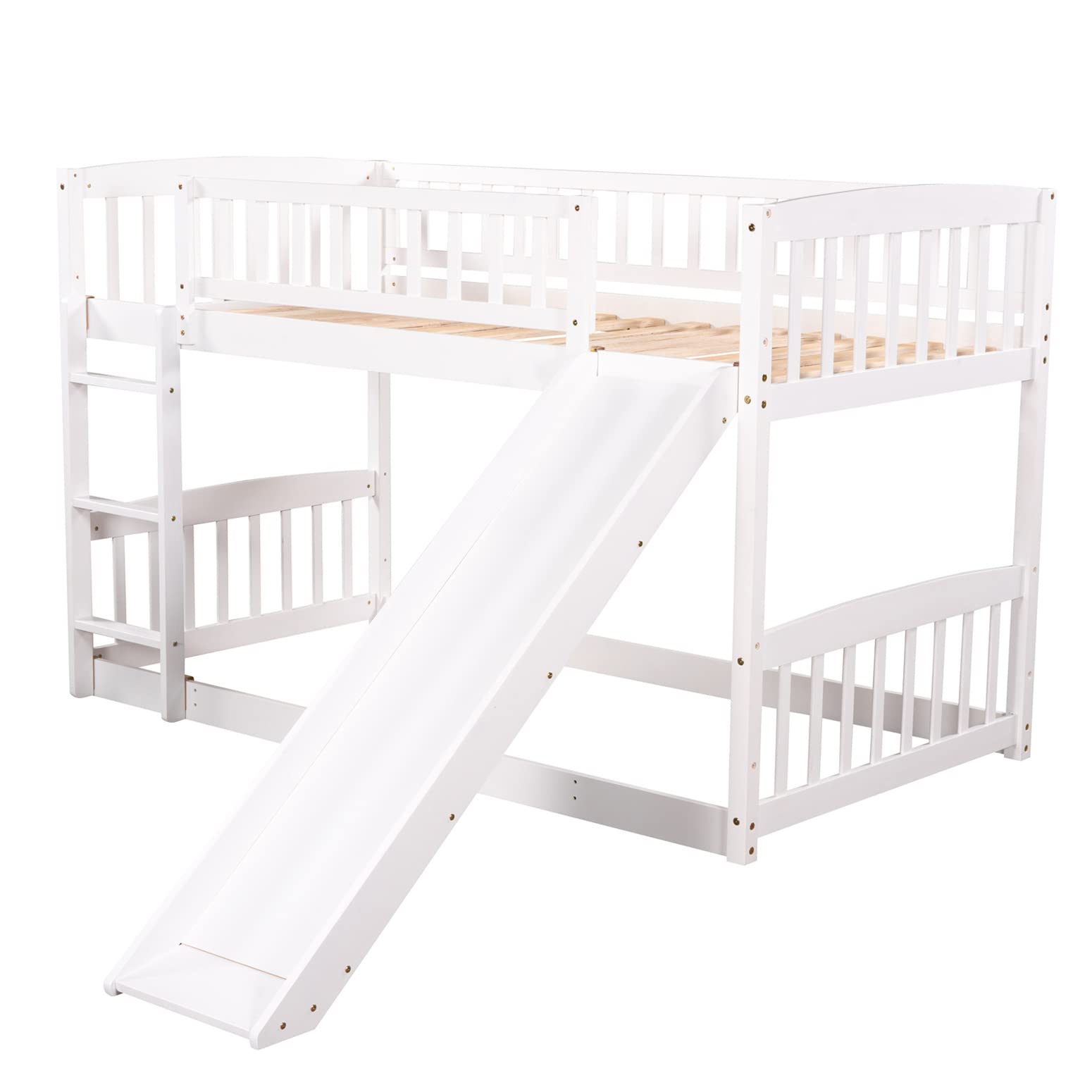 Harper & Bright Designs Twin Over Twin Low Bunk Bed with Slide - Wooden Floor Bunk Bed Frame with Safety Rails for Kids, Toddlers, Boys & Girls - Perfect for Small Bedrooms, Playrooms & Sleepovers (White)
