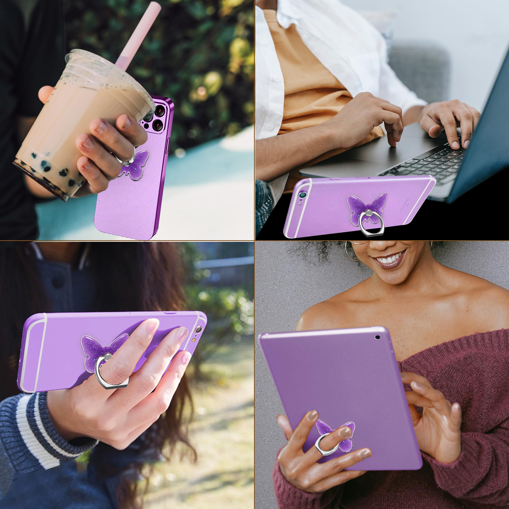 Sparkling Butterfly Phone Grip Stand - Glittery Purple Cell Phone Ring Holder for Women & Girls | Compatible with iPhone, Android Smartphones, Tablets & E-Readers | Perfect for Selfies, Reading & Hands-Free Use (PU Leather Butterfly Design)