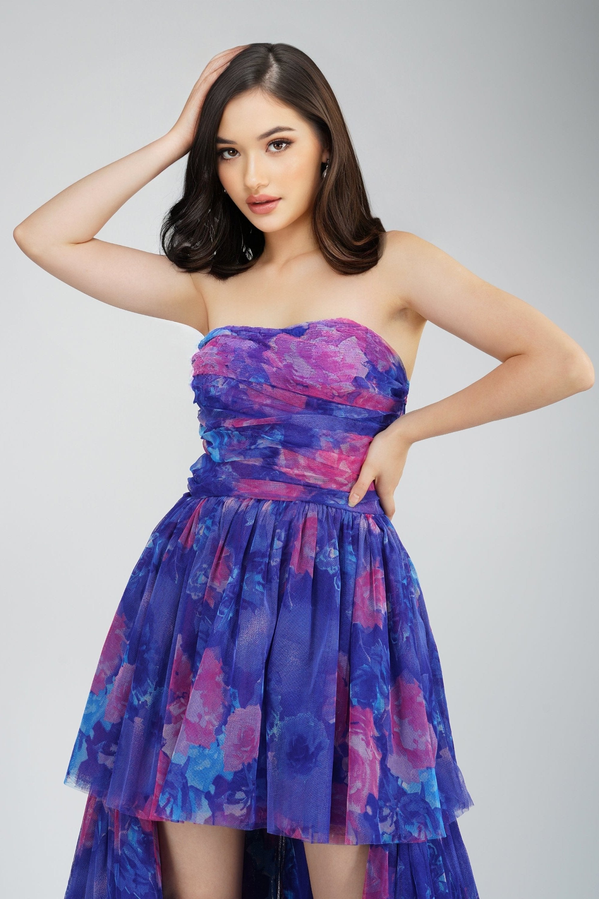 Shiloh High Low Tulle Dress - Blue Floral Print Formal Gown for Prom, Wedding & Special Occasions